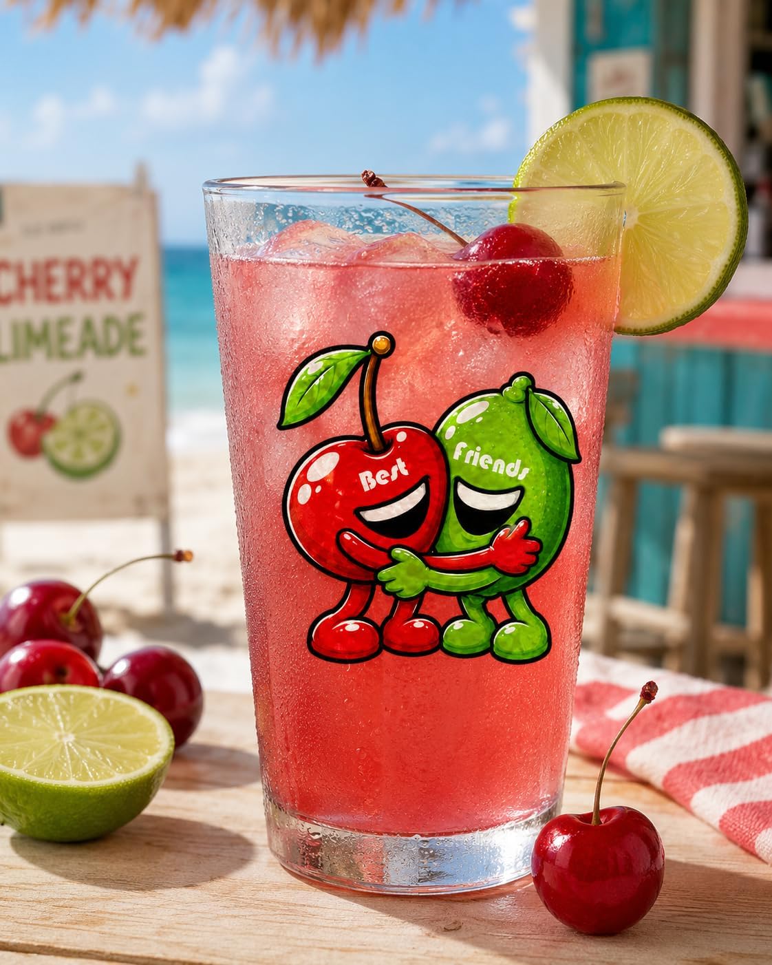 Hat Shark Best Friends Mixed Drink Fruits Cartoon Pint Glass 16 oz, 100% Dishwasher Safe (Cherry Lime - Cherry Limeade)