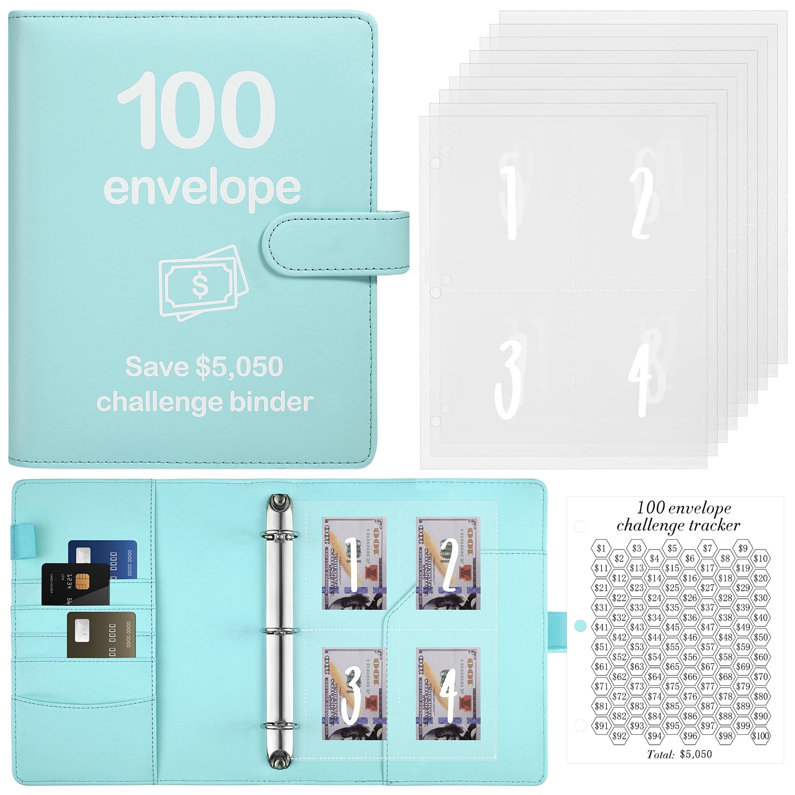 100 Envelopes Money Saving Challenge Binder with Reusable Laminated Tracker, Budget Book with Cash Envelopes, Easy and Fun Way to Save $5,050 (Blue)
