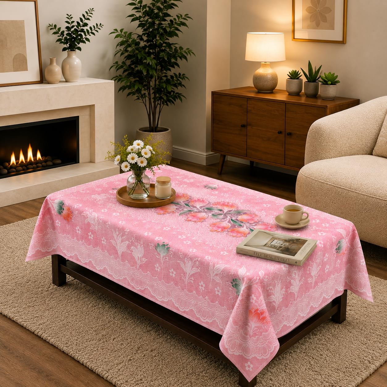 STITCHNEST Florenza Pink Cotton Net Table Cover 40x60 Inches