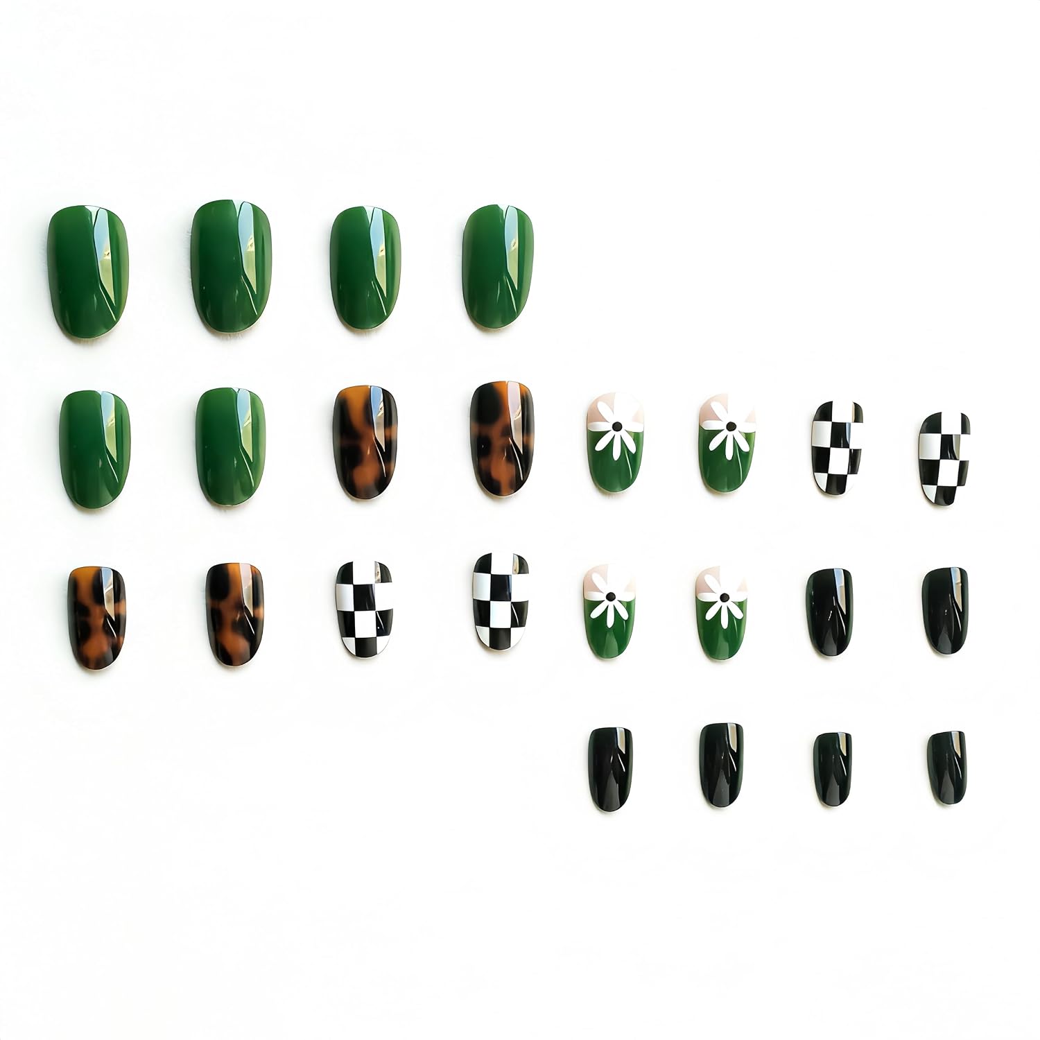 Short Oval Press on Nails Tortoise Shell Spring Summer Fake Nails Press ons with Flower and Checkered Designs Glossy Reusable Stick on False Nails Acrylic Nails with Glue Tabs for Women 24PCS