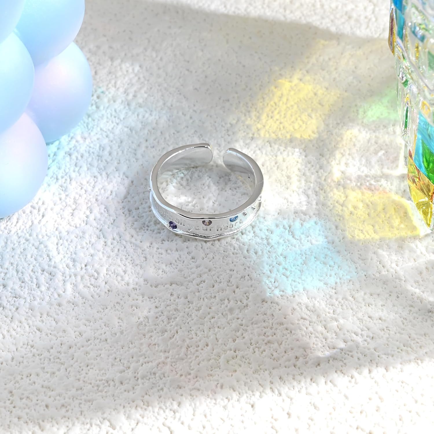 Sterling Silver Statement Band Ring for Women Colorful Cubic Zirconia Letter Adjustable Y2k Style Stackable Rings - Image 6