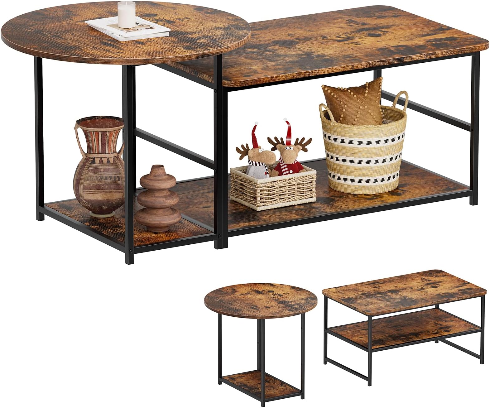 WOHOMO Coffee Table, Mid Century Modern Coffee Table for Living Room Rustic Farmhouse Center Table 2 in 1 Detachable Nesting Table Set, Brown