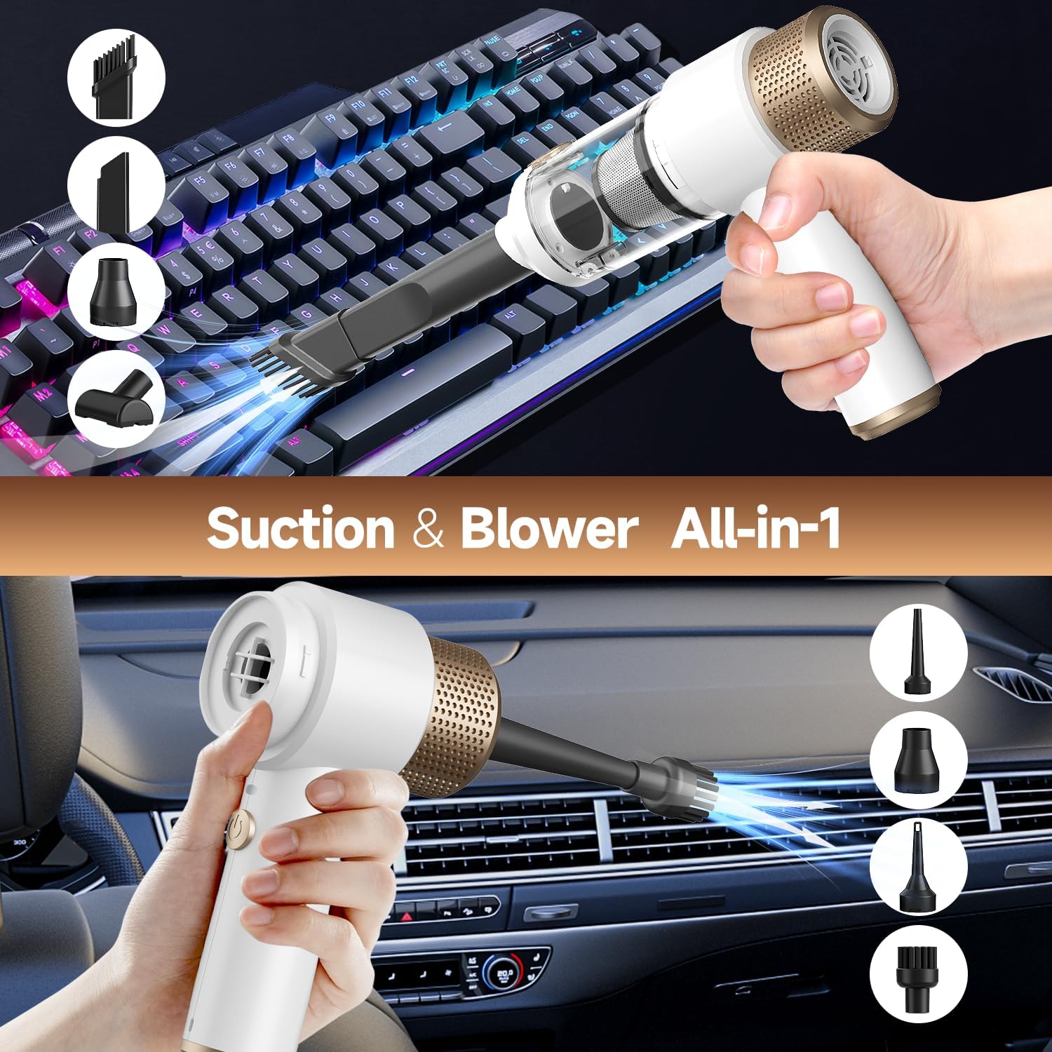 Four vacuum attachments and a blower mode in one unit. The vent cleaning use case alone justifies keeping this in the car — it pushes dust out of louvers that suction can't reach.