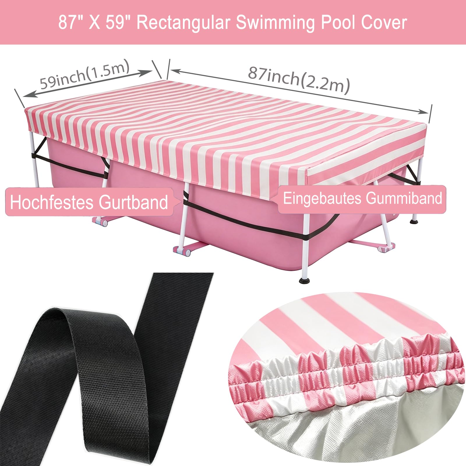 Copertura per piscina rettangolare fuori terra, copertura solare con elastico integrato e cinghia resistente, sedile fisso e facile montaggio, impedisce lo scivolamento, rosa bianco (220 x 150 cm)
