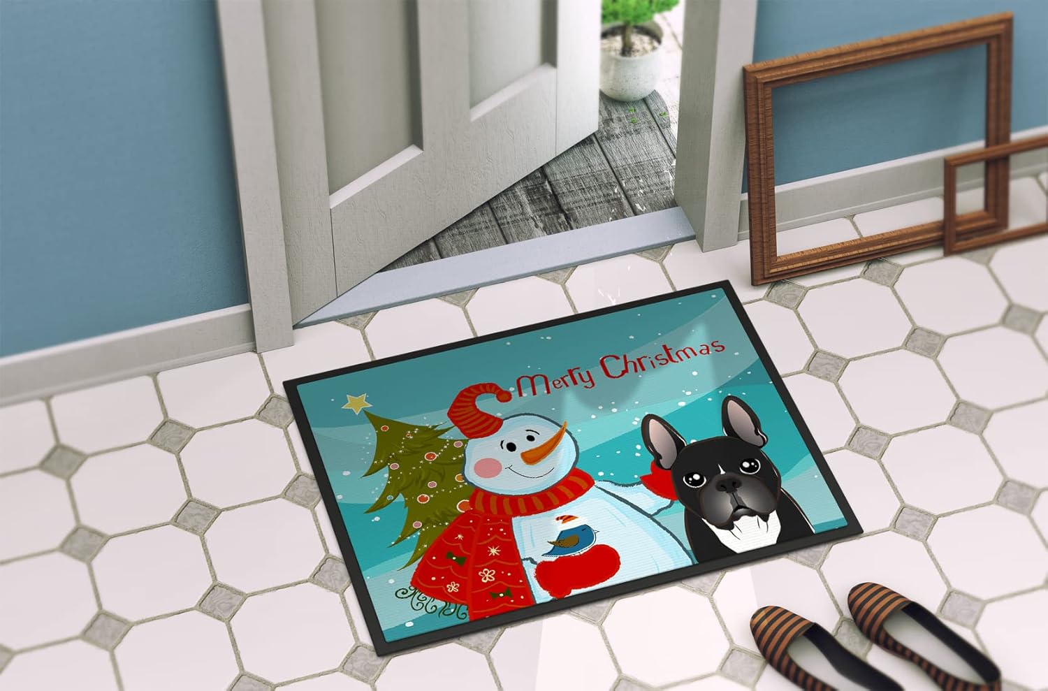 Caroline's Treasures BB1847JMAT Snowman with French Bulldog Doormat 24x36 Front Door Mat Indoor Outdoor Rugs for Entryway, Non Slip Washable Low Pile, 24H X 36W