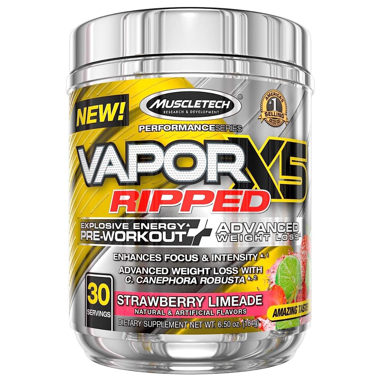 MuscleTech Performance Series VaporX5 Ripped Supplement, Strawberry Limeade, 30 Servings