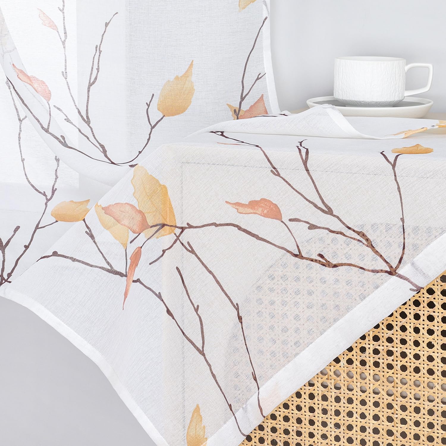 ESLIR Schiebegardinen Set 2er Flächenvorhänge Gardinen mit Klettband Schiebevorhang Transparent Vorhang mit Blätterdruckmuster Landhaus Orange BxH 57x175 cm 2 Stück