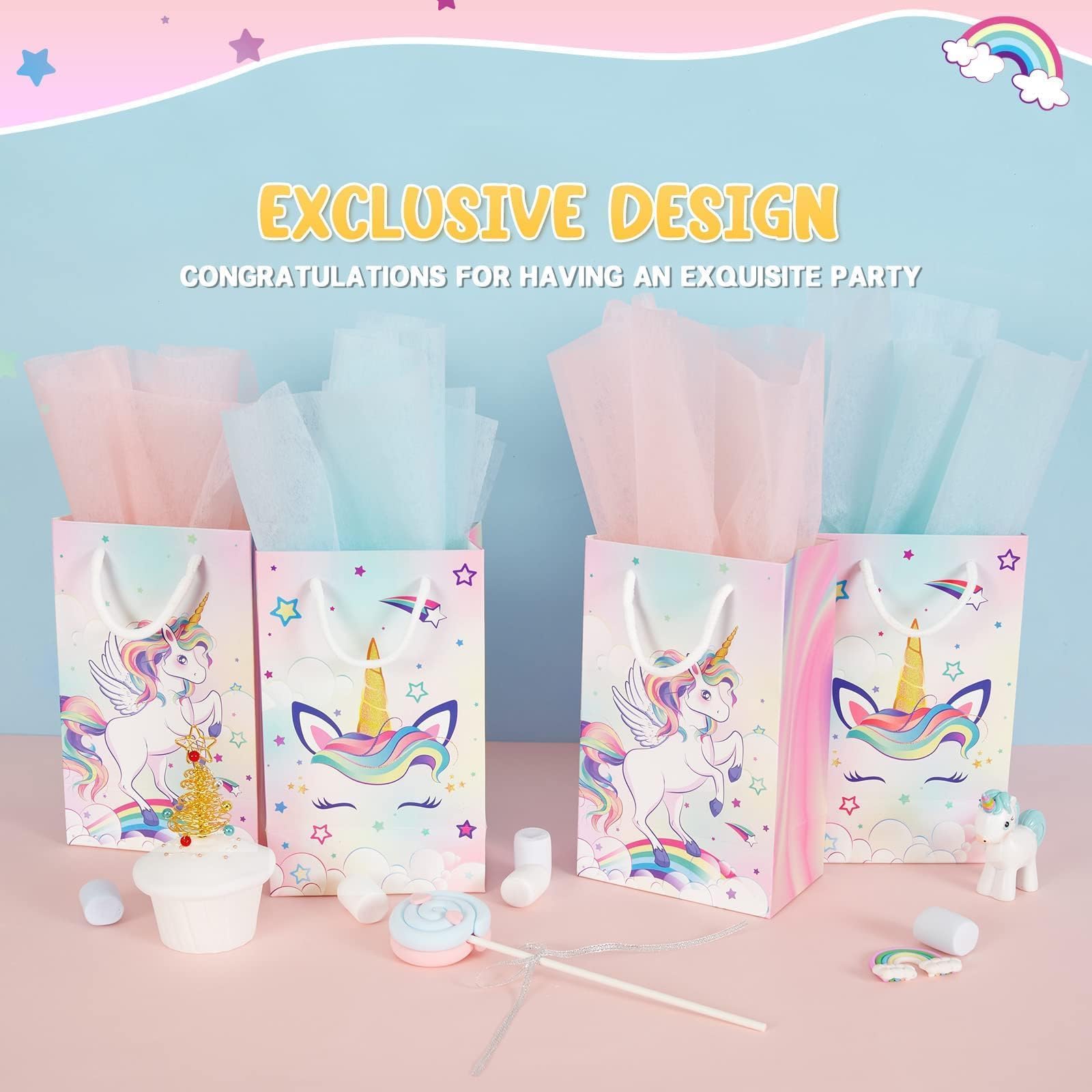 WERNNSAI 16PCS Unicorn Gift Bags - Rainbow Unicorn Party Supplies Goodie Bags for Girls Kids Birthday Unicorns Party Favor Bag with Handles Candy Treat Bag for Baby Shower Supplies