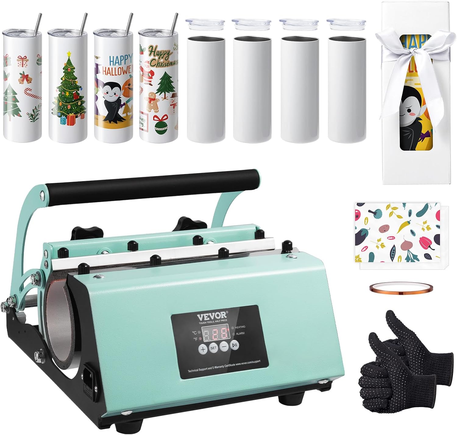 VEVOR Tumbler Heat Press Machine and Sublimation Tumblers, Tumbler Press Set with 8pcs 20OZ Blank Tumblers, Mug Press Cup Press for 11-30oz Tumblers Mug, with Heat Transfer Paper, Gloves, Tape Green Set