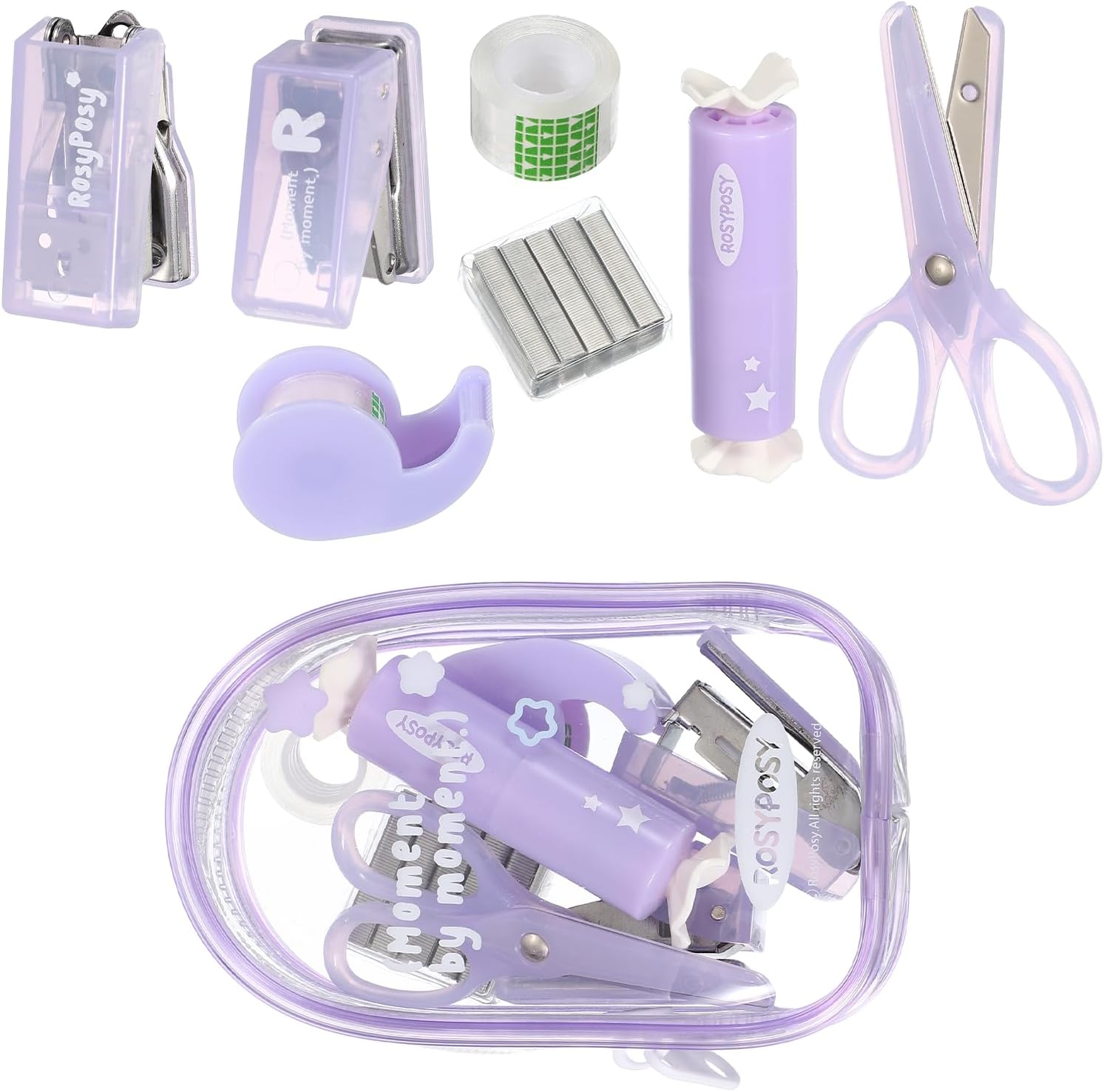PATIKIL 1 Pack Office Supplies Set, 7pcs Desk Supplies Set Stapler Tape Dispenser Scissors Accessories Kit Mini Office Supply Kit Cute Small for Desk Women Organizer, Purple