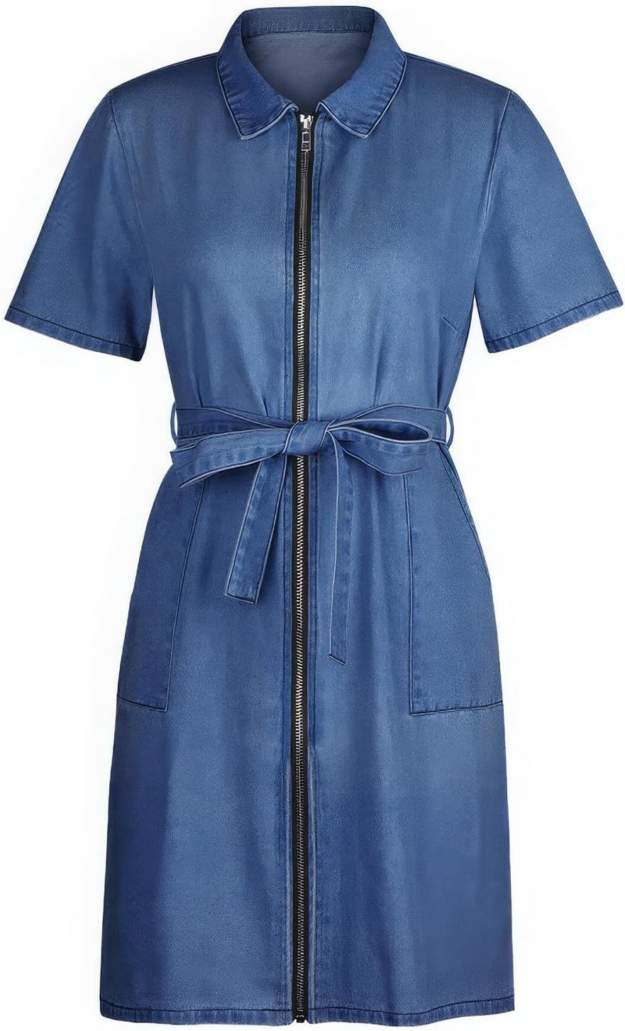 ebossy Women's Sexy Slim Short Sleeve Full Zip Up Denim Mini Dress Belted Bodycon Casual Jean Dress with Pockets - Image 2