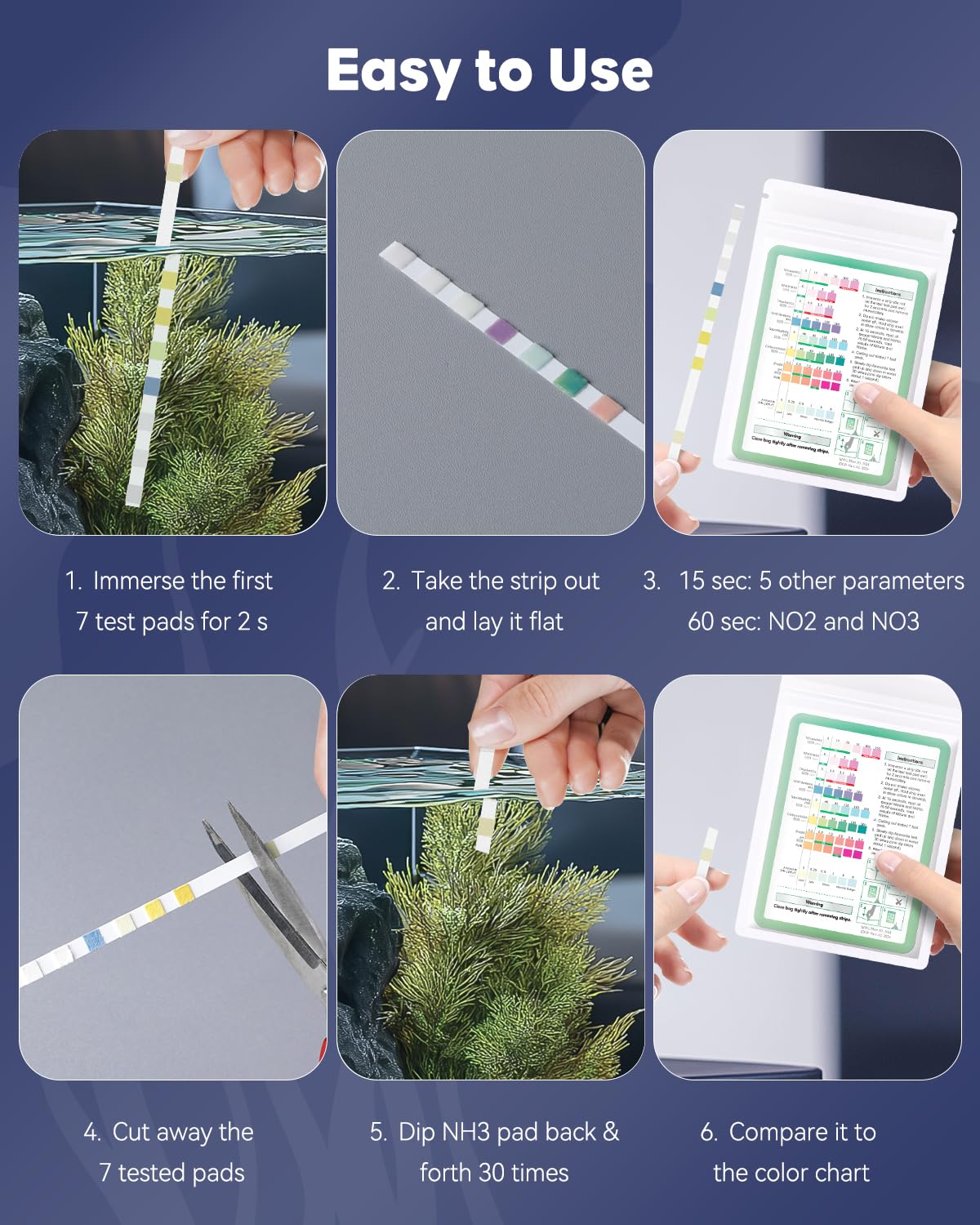 Pawfly 8 in 1 Aquarium Test Strips for pH Chlorine Nitrate Carbonate Hardness Total Alkalinity & Ammonia Water Quality Freshwater Saltwater Test Kit, 50 Strips Fish Tank Water Testing kit - image 5