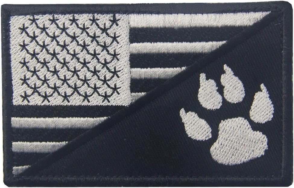 Tactical US Flag with Tracker Paw Patriot Milltary Embroidered Applique Morale Hook & Loop Patch - White & Black