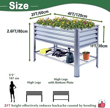 Raised Garden Bed with Legs Galvanized High Raised Boxes Outdoor Planter Box for Vegetables Flowers Herb Balcony Backyard (4 * 2 * 2.6 FT/120 * 60 * 80 CM, Metal, with Bottom Plate)