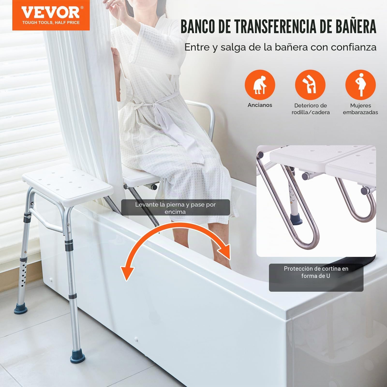 VEVOR Banco de Transferencia para Bañera Altura Ajustable con Protector de Cortina en Forma de U Respaldo Reversible Asiento de Ducha Antideslizante para Personas Mayores Discapacitadas y Lesionadas