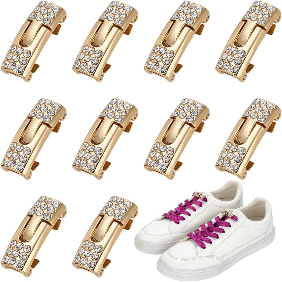 FINGERINSPIRE 12 Pcs Shoelaces Buckle Lock No Tie Shoe Laces Alloy Tieless Locks with Rhinestone for Running Casual Shoes