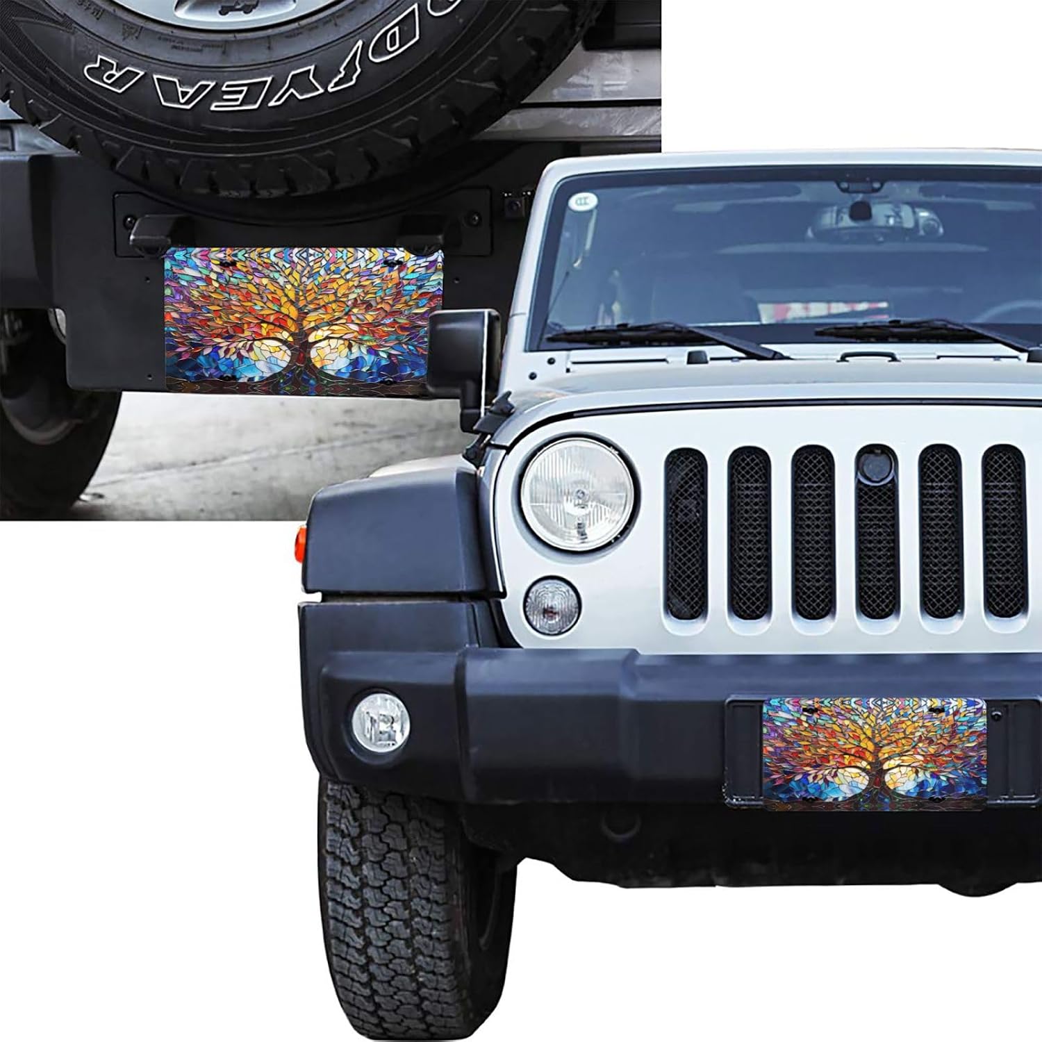 Stained Glass Tree of Life Front License Plate for Women Car Vanity Plates Decorative Aluminum Metal Cute Novelty License Plate Cover for Men 6x12 Inch (4 Holes)