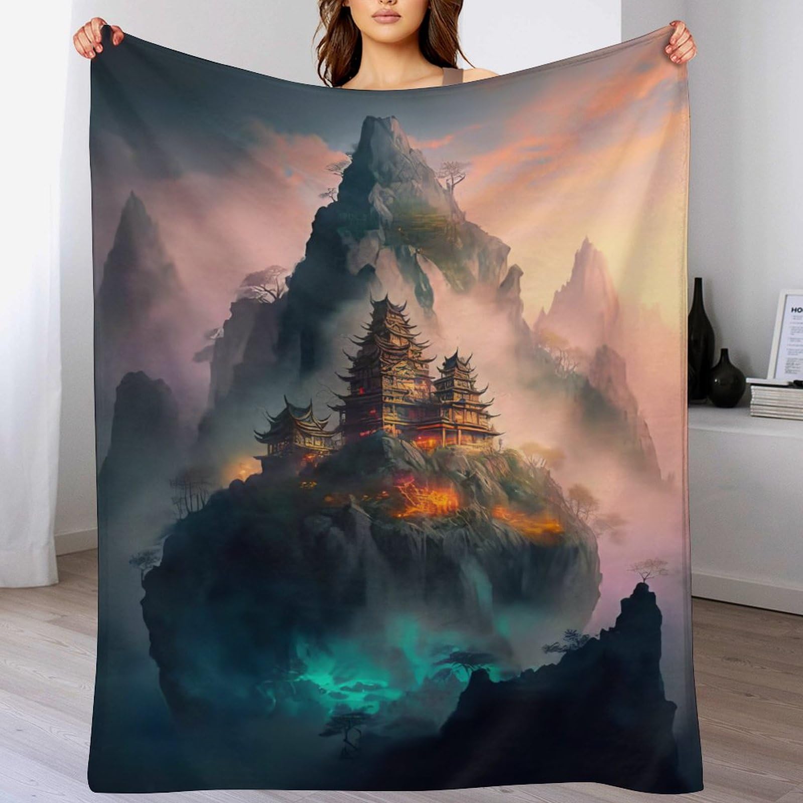 Jeté de lit de flannel style paysage chinois finitions haut de gamme pour grand canapé