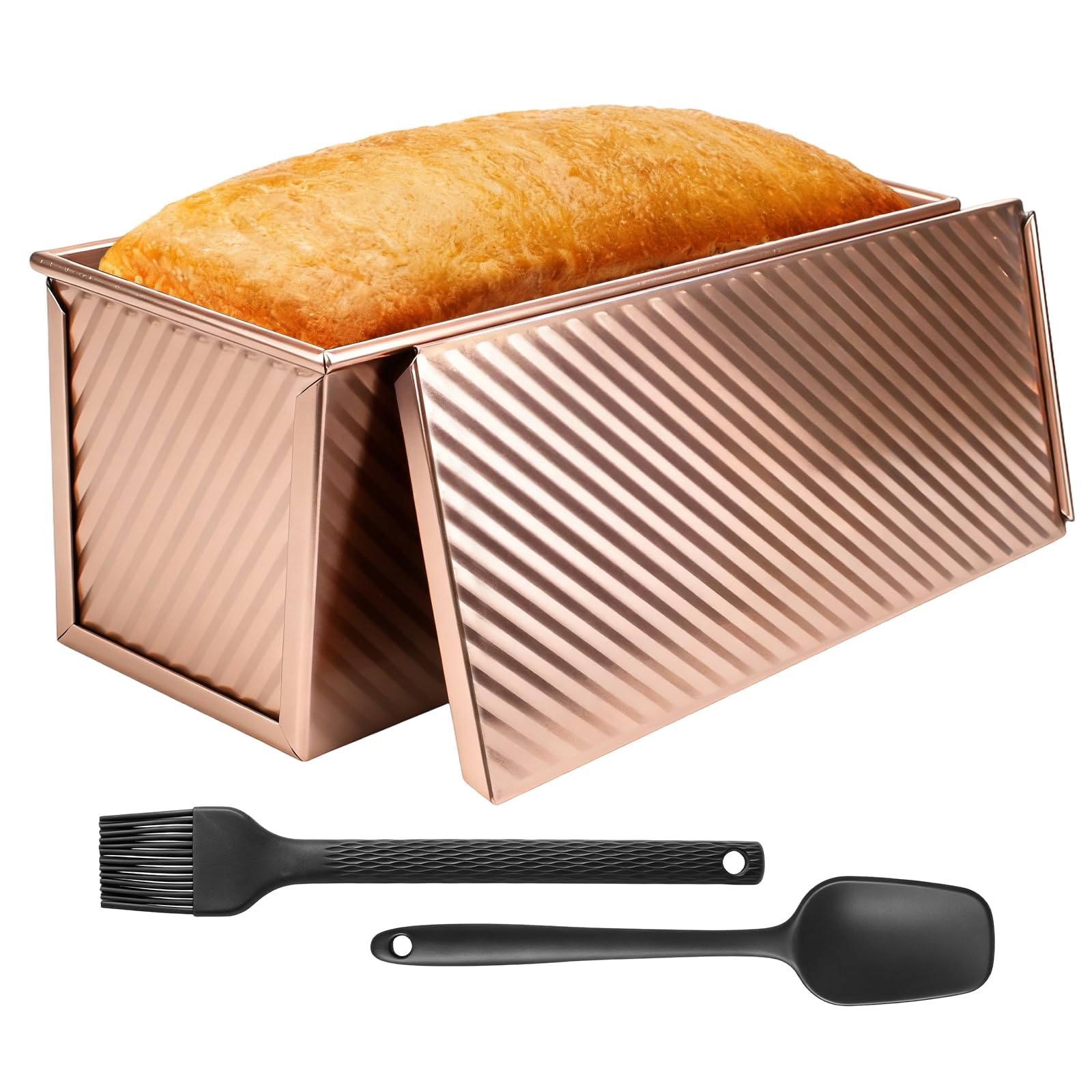 Loaf Tin with Lid 2LB(1000g) Non Stick Bread Tins for Baking, Carbon Steel Pullman Loaf Pan with Slide Cover, Non Stick Bakeware for Toast Bread Pan with Silicone Brush Spatula Set Gold 31.5x11x12cm