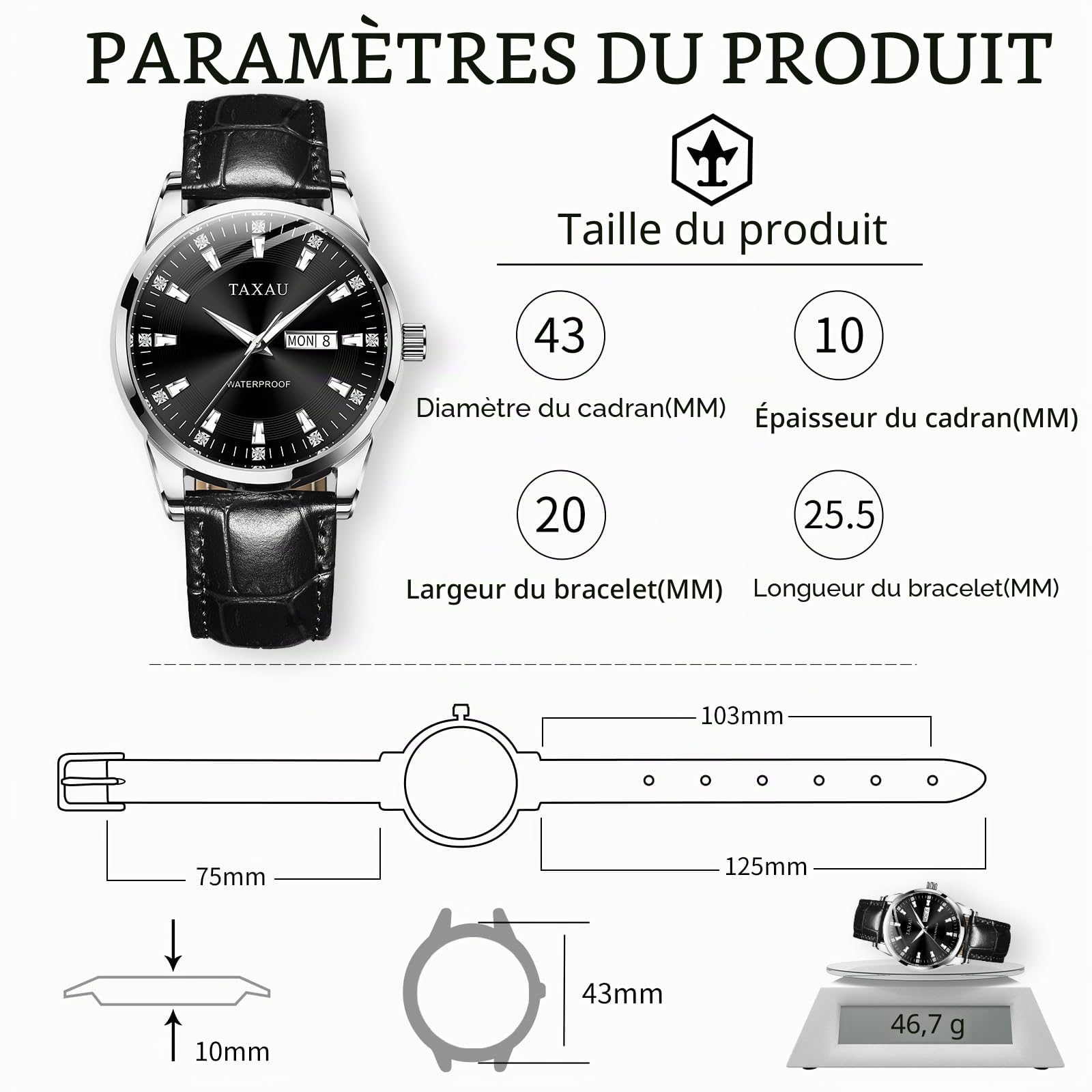 Taxau Montre classique en cuir pour homme - Analogique - Grand cadran - Montre de luxe étanche - Date de jour - Reloj para hombre