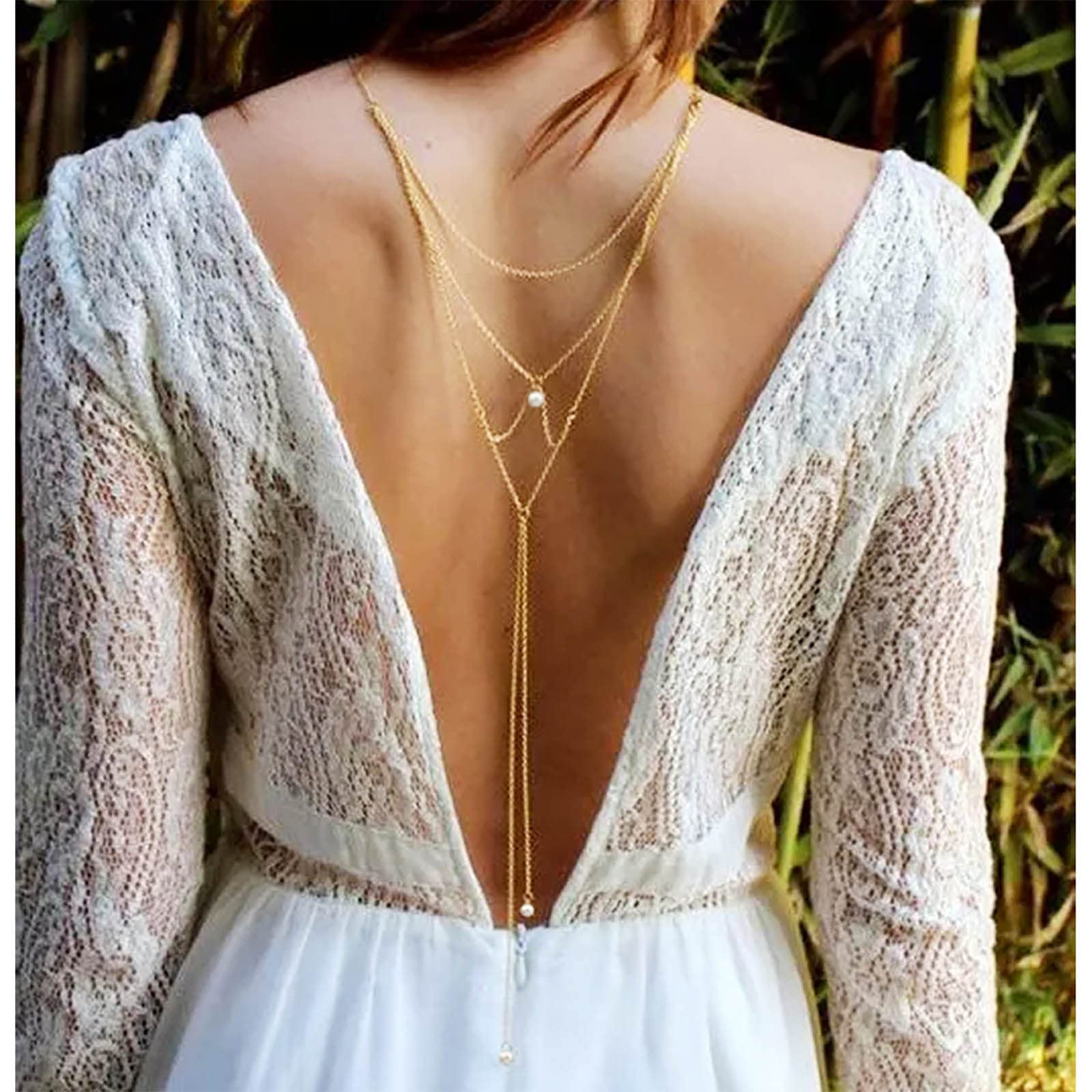 Pearl Back Necklace Boho Backdrop Bridal Y Drop Chain Summer Wedding Backless Jewelry for Women and Girls (Gold)