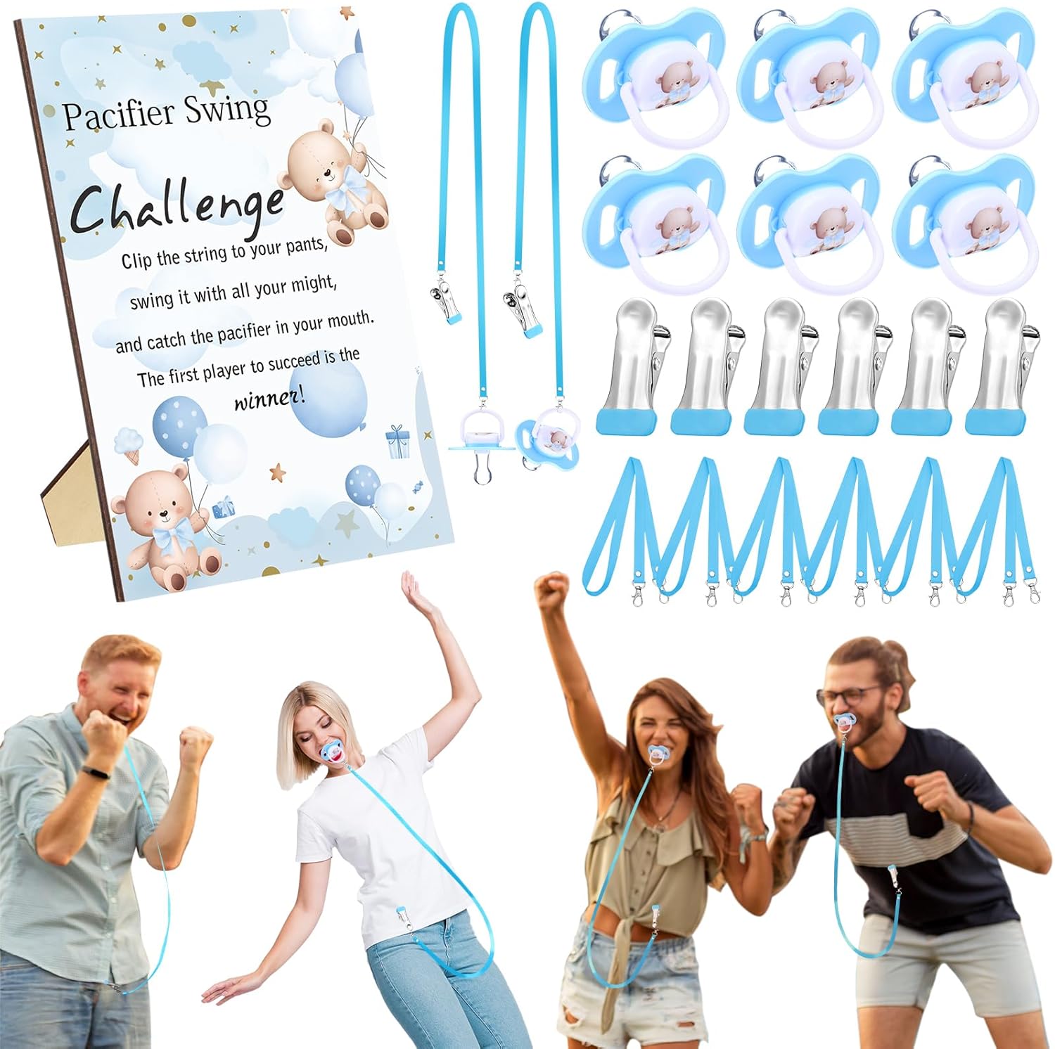 Geelin 6 Sets Swing Pacifier Shower Game Funny Gender Reveal Games, Include 1 Wooden Sign, 6 Pacifiers, 6 Clips, 6 Lanyards for Bridal Shower Gender Reveal Party Favor Women Men(Light Green Jungle)