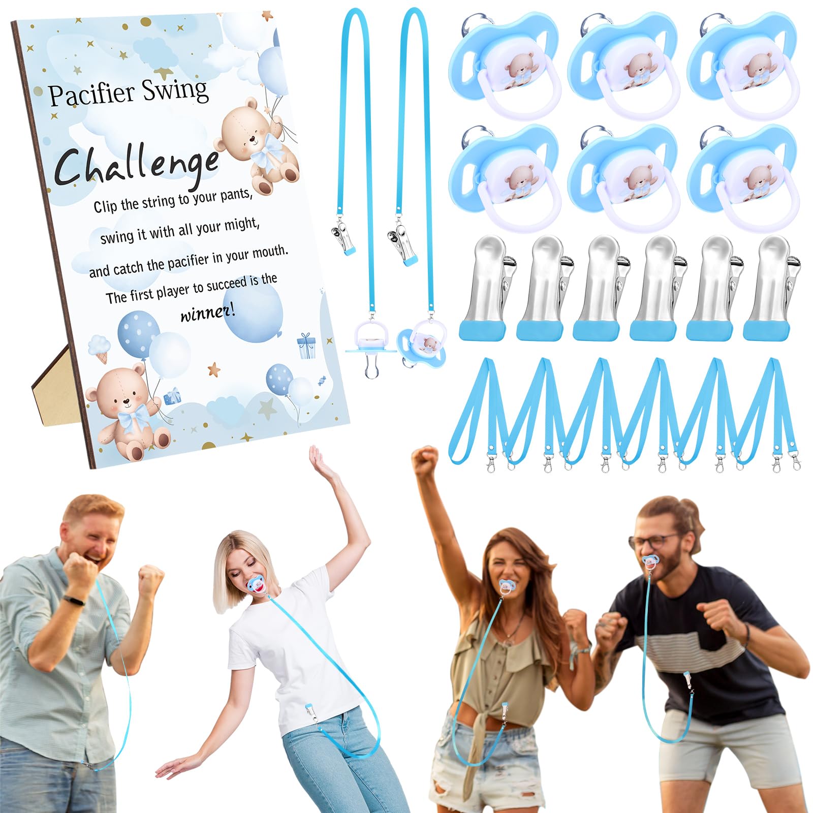 Photo 1 of Geelin 6 Sets Swing Pacifier Shower Game Funny Gender Reveal Games, Include 1 Wooden Sign, 6 Pacifiers, 6 Clips, 6 Lanyards for Bridal Shower Gender Reveal Party Favor Women Men (Light Blue Bear)