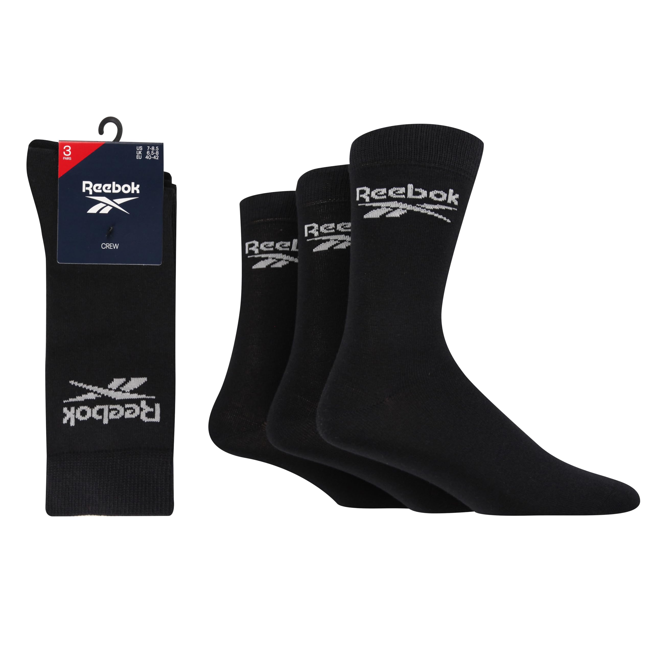 Reebok Unisex 'Core' Crew Socks - Mens and Ladies, Regular Calf Length Socks, Soft Cotton with Seamless Toes 3 Pair Multipack Size Range of UK 2.5-12.5 Black 8.5-10