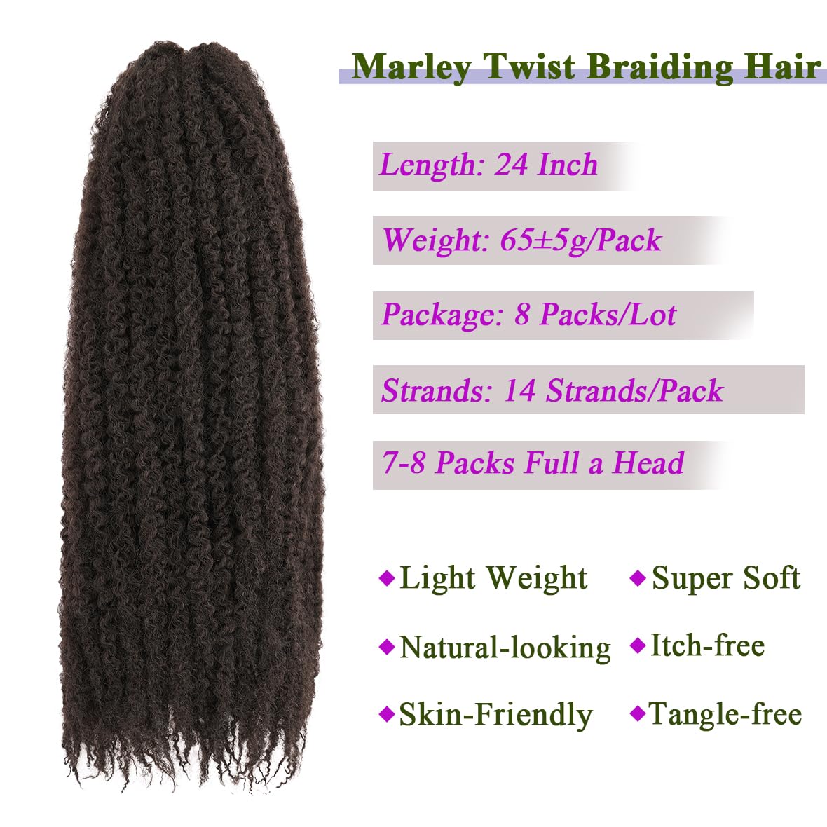 Kachanaa 24 Inch Marley Twist Hair for Braiding 8 Packs Dark Brown Marley Braids Pre Fluffed Afro Kinky Curly Markey Braiding Hair Extensions for Jumbo Twist /4# - Image 3