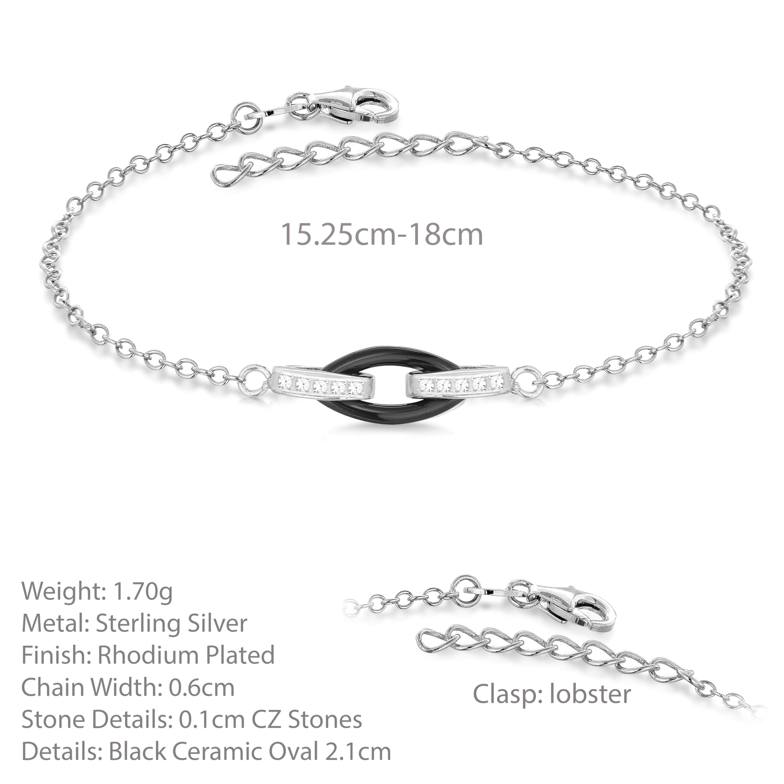 Tuscany Silver Bracciale regolabile da donna in argento sterling con ceramica nera ovale e zirconi placcato rodio 15.25cm/6"–18cm/7"