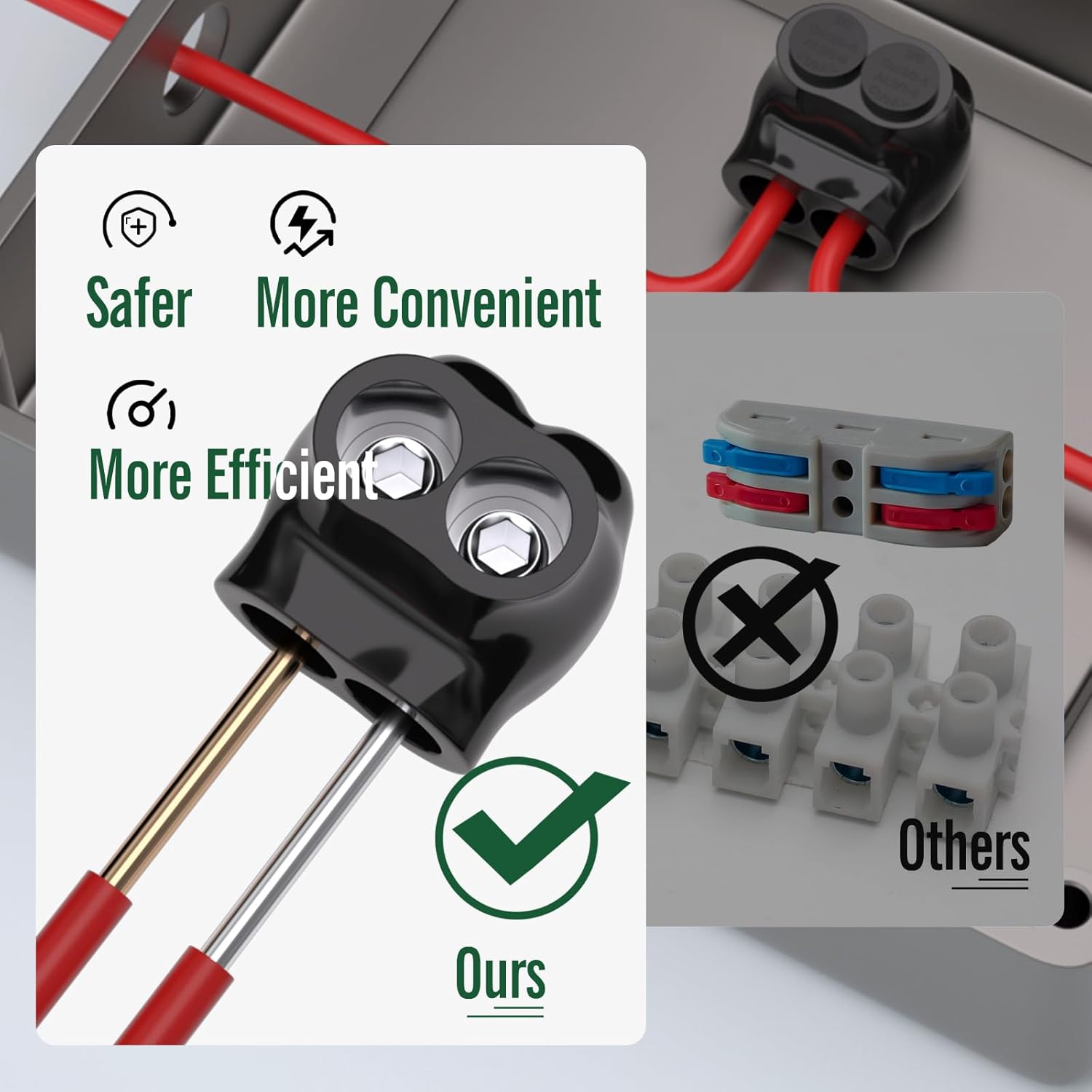 6PCS 2Port Single-Sided Entry Insulated Multi Tap Connector 2/0-6 AWG, Electrical Splice Connector, Black Vinyl Coated, Dual-Rated for Copper and Aluminum Wires