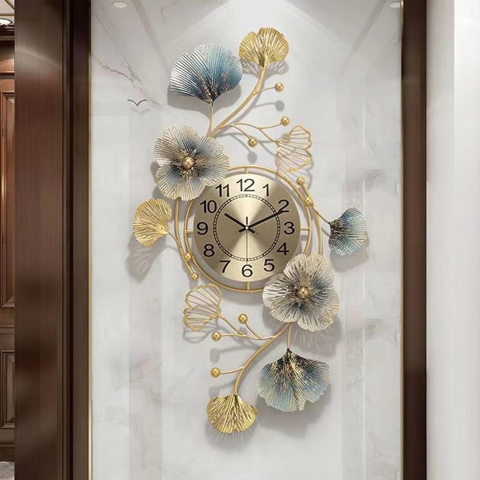 Orologio Da Parete Metallico Ginkgo Biloba - Design Moderno, Silenzioso, 83x48cm - Foto 2