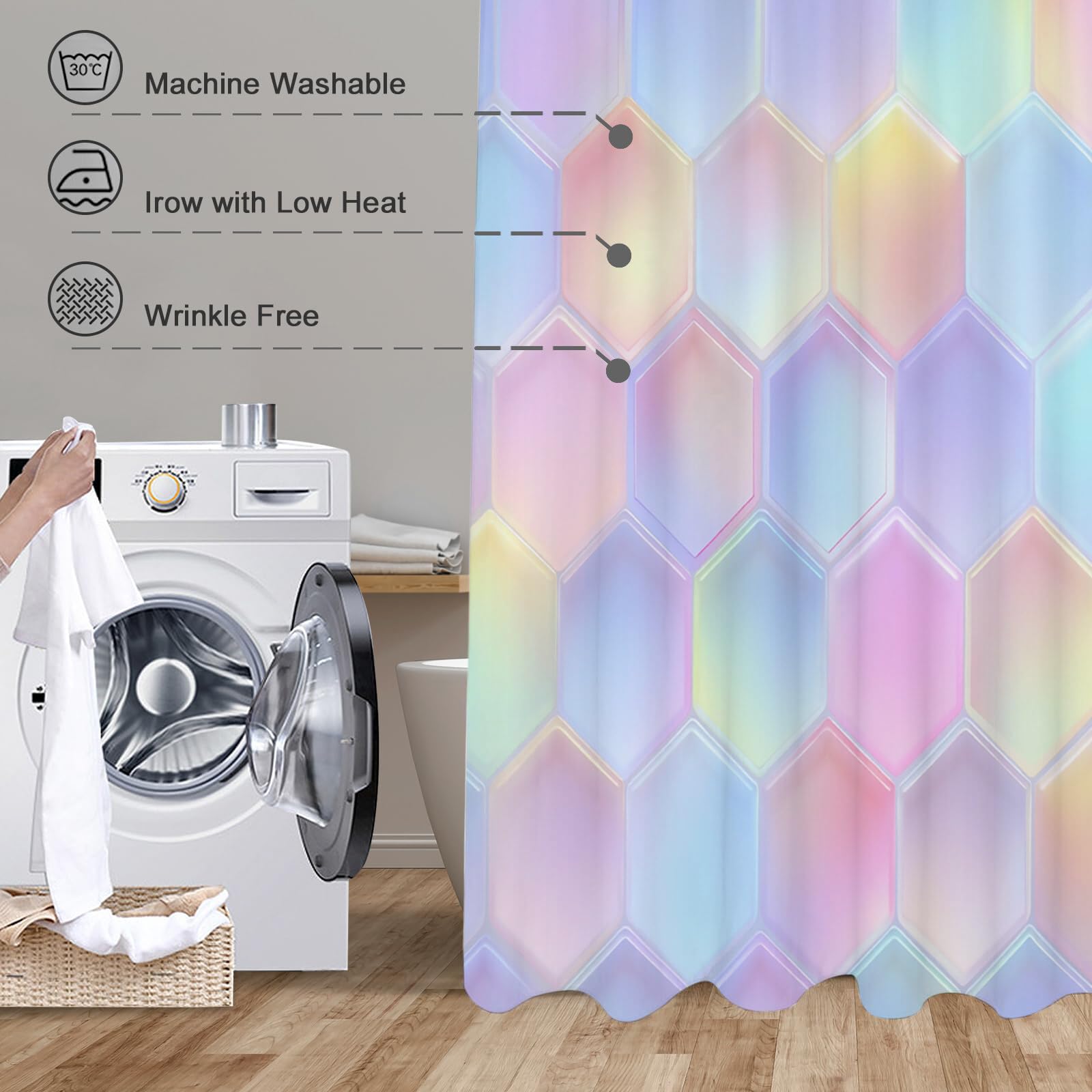 Rideau Douche, Rideau Baignoire Lavable en Machine Rideaux Douche Tissus Lavable Rideau De Baignoire Lavable pour Salle De Bain Domicile Baignoire Famille, Hexagones Colorés,