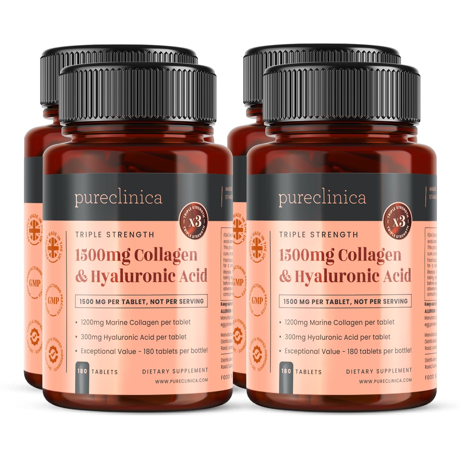 1500mg x 720 tablets. 1200mg of UltraColl Collagen & 300mg of Hyaluronic Acid per tablet. (4 bottles of 180 tablets each - 12 months supply). SKU: UCHL3x4