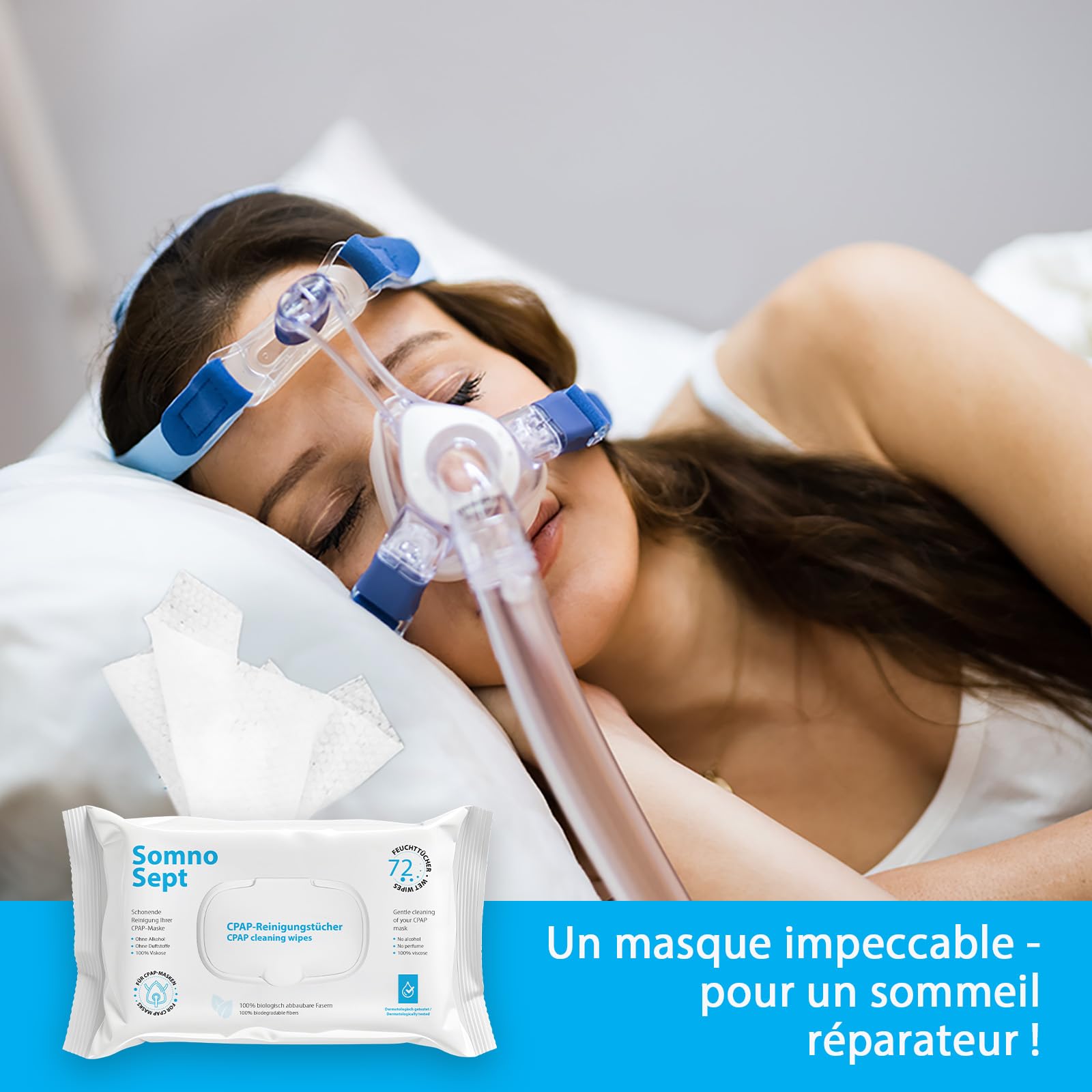 Lot de 3 paquets de 72 lingettes nettoyantes CPAP - Nettoyage rapide du masque CPAP - Pour un bon maintien du masque - Lingettes douces en 100 % viscose - Inodore - Testées
