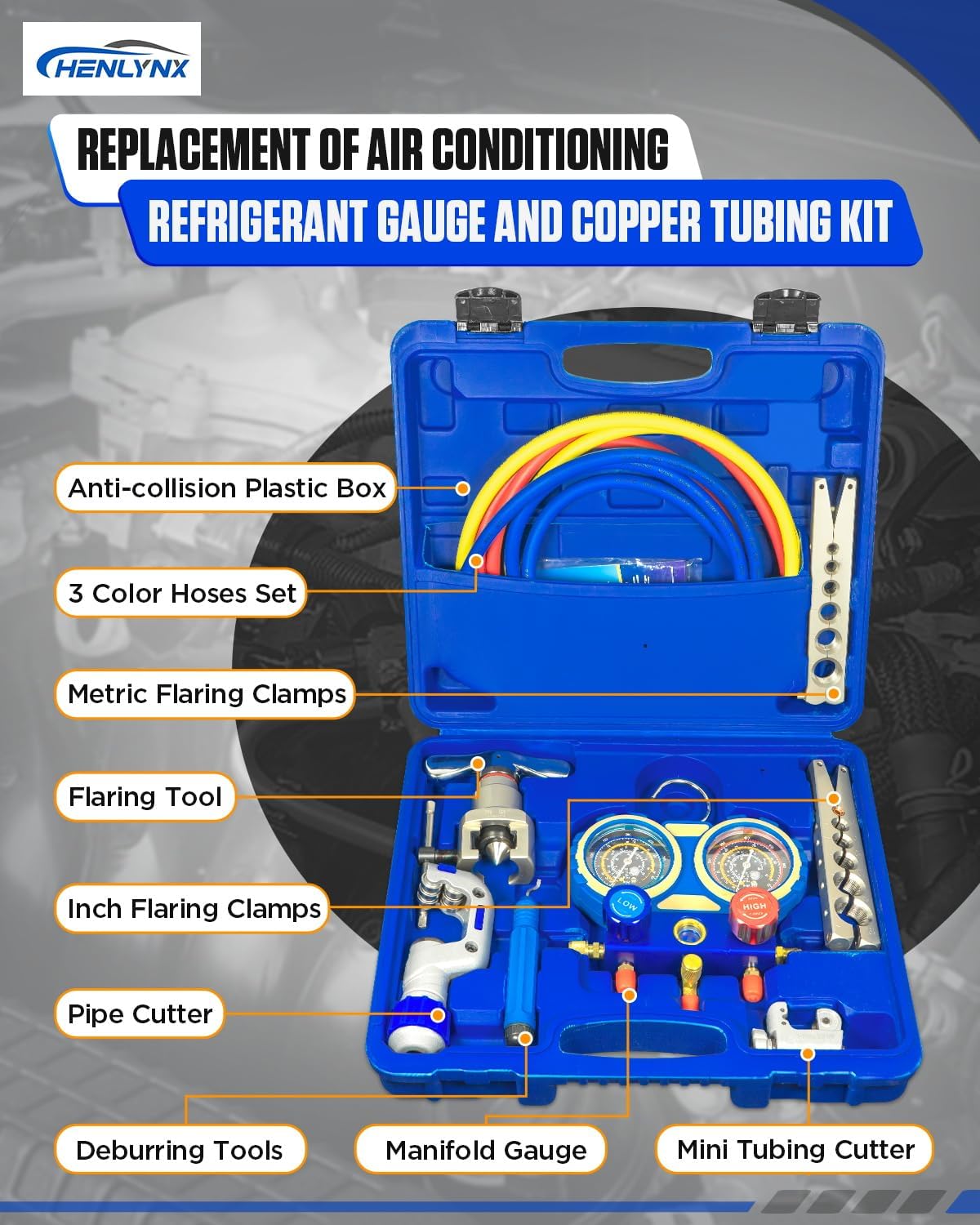 HVAC & Auto AC Manifold Gauge and Flaring Tool Kit - 3 Way Gauge Set for R22 R134A R410A R32 with Flaring Tool, Tube Cutter, Deburrer for Copper Aluminum Pipes, Car Air Conditioner Repair