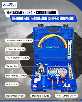 HVAC & Auto AC Manifold Gauge and Flaring Tool Kit - 3 Way Gauge Set for R22 R134A R410A R32 with Flaring Tool, Tube Cutter, Deburrer for Copper Aluminum Pipes, Car Air Conditioner Repair