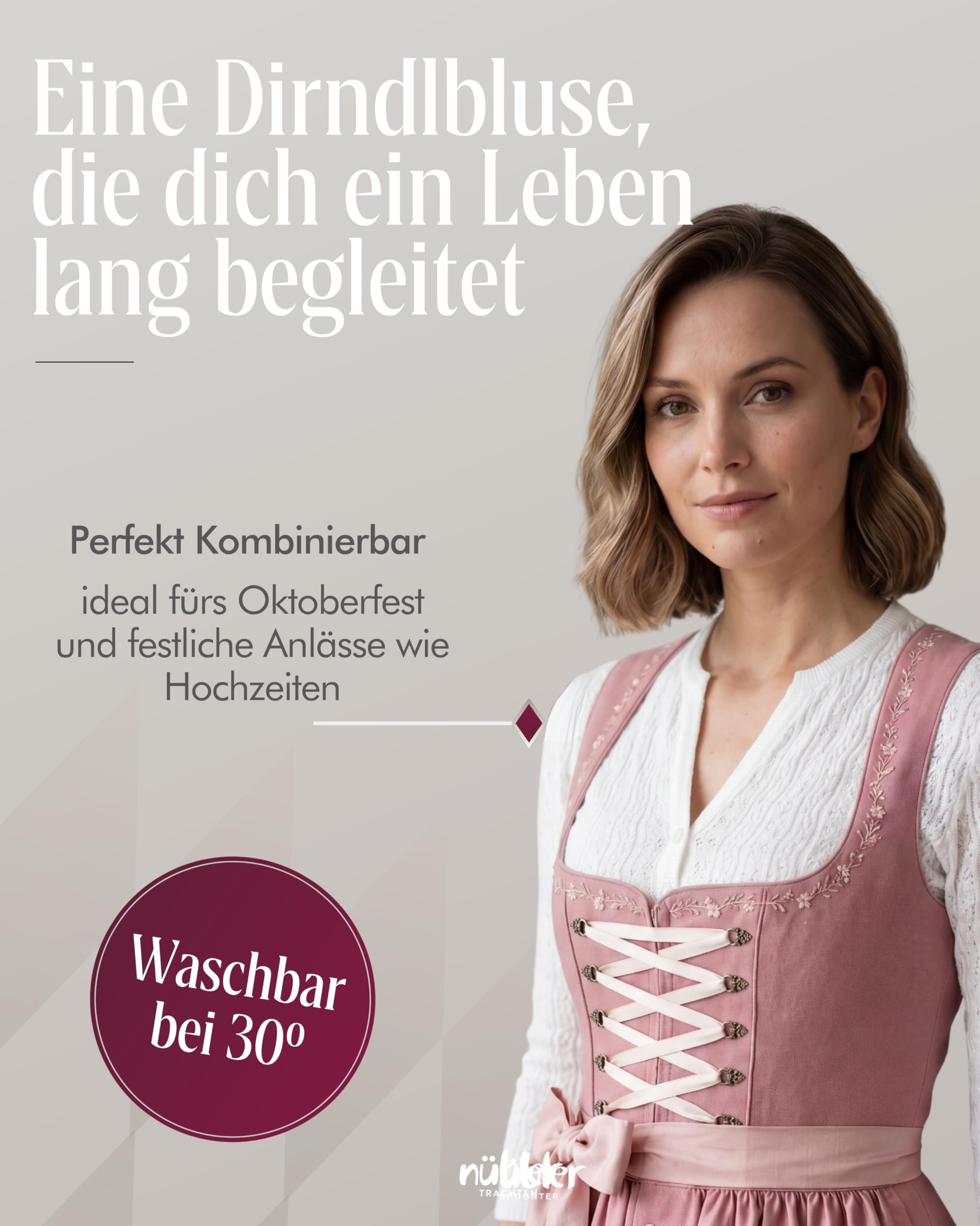 Nübler Damen Dirndlbluse Juna I Größen 30-50 I Spitzenbluse mit V-Ausschnitt & Langarm I Transparente Trachtenbluse mit floralem Muster & Knopfleiste I Ideal für Dirndl & Festliche Anlässe