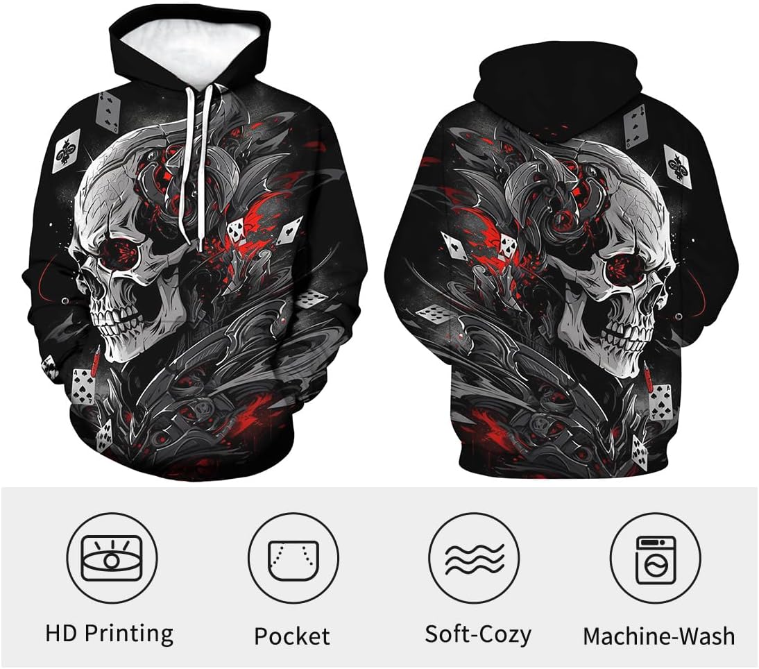 Men's Poker Hoodies Skull Printed Hoodie Novelty Graphic Sweatshirts Fashion Pullover - Image 3