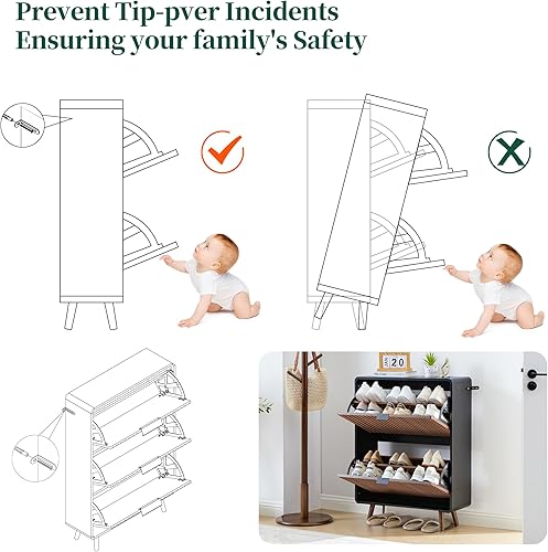 Miniatura 9 de Gabinete de almacenamiento para zapatos con estrías para entrada, gabinete delgado para zapatos con 2 cajones abatibles, organizador estrecho de