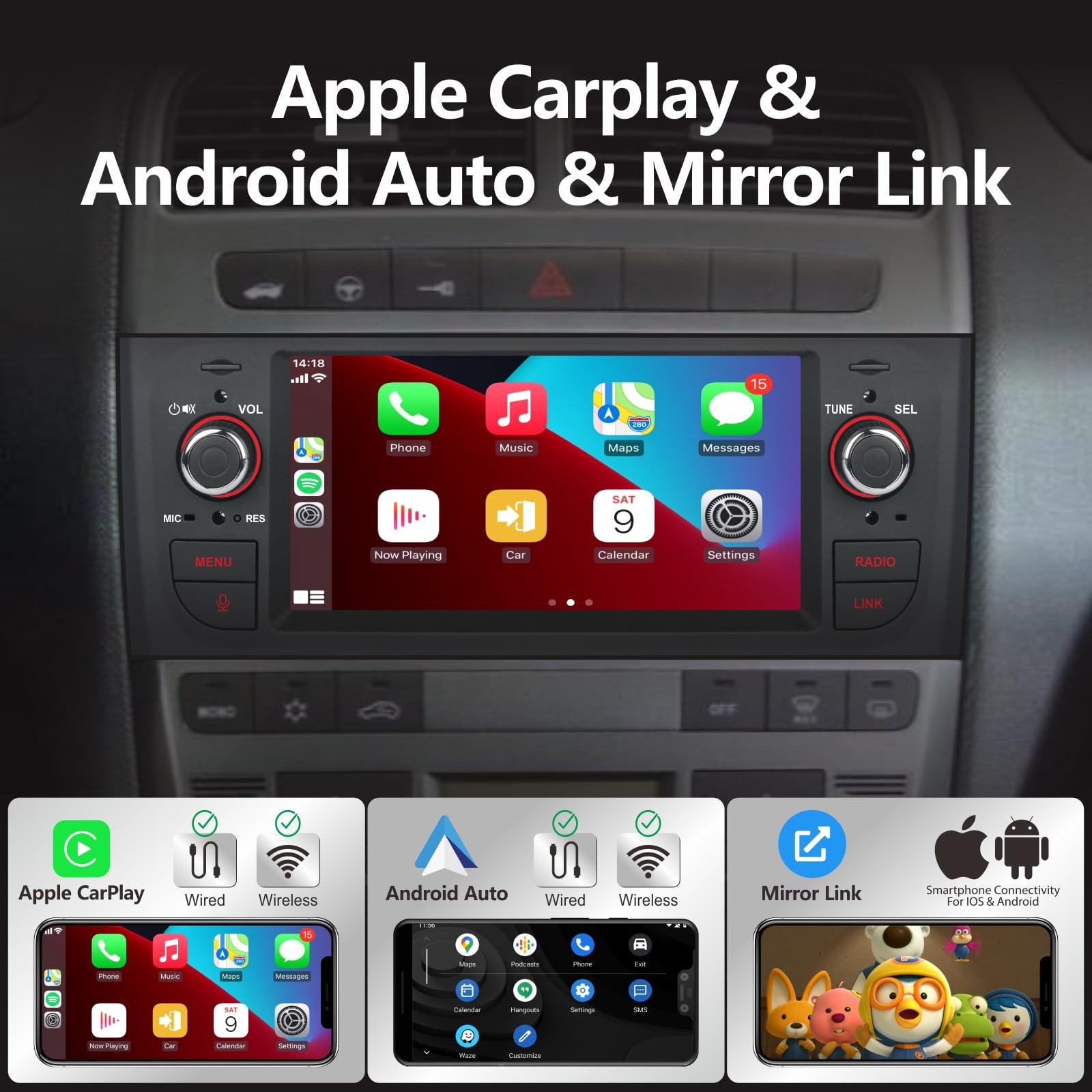 Autoradio per Fiat Grande Punto Autoradio Android con Wireless CarPlay Android Auto per Fiat Punto 2005-2009 per Linea 2007-2011, Touchscreen Stereo Auto con BT HiFi FM RDS Canbus