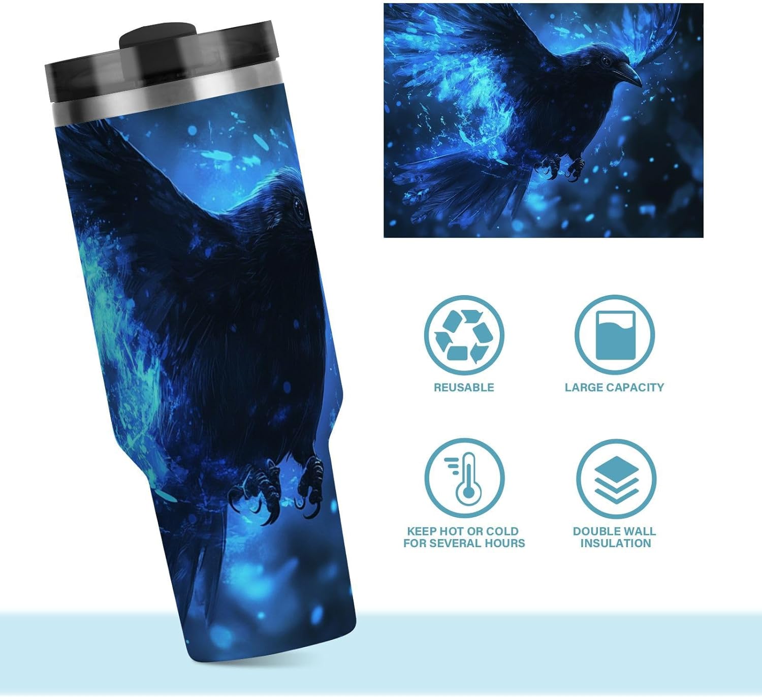40 oz Tumbler Crow Blues with Handle and Straw Lid Vacuum Stainless Steel Insulated Water Bottle Travel Mug Car Cup Holder Friendly for Gym Travel Office