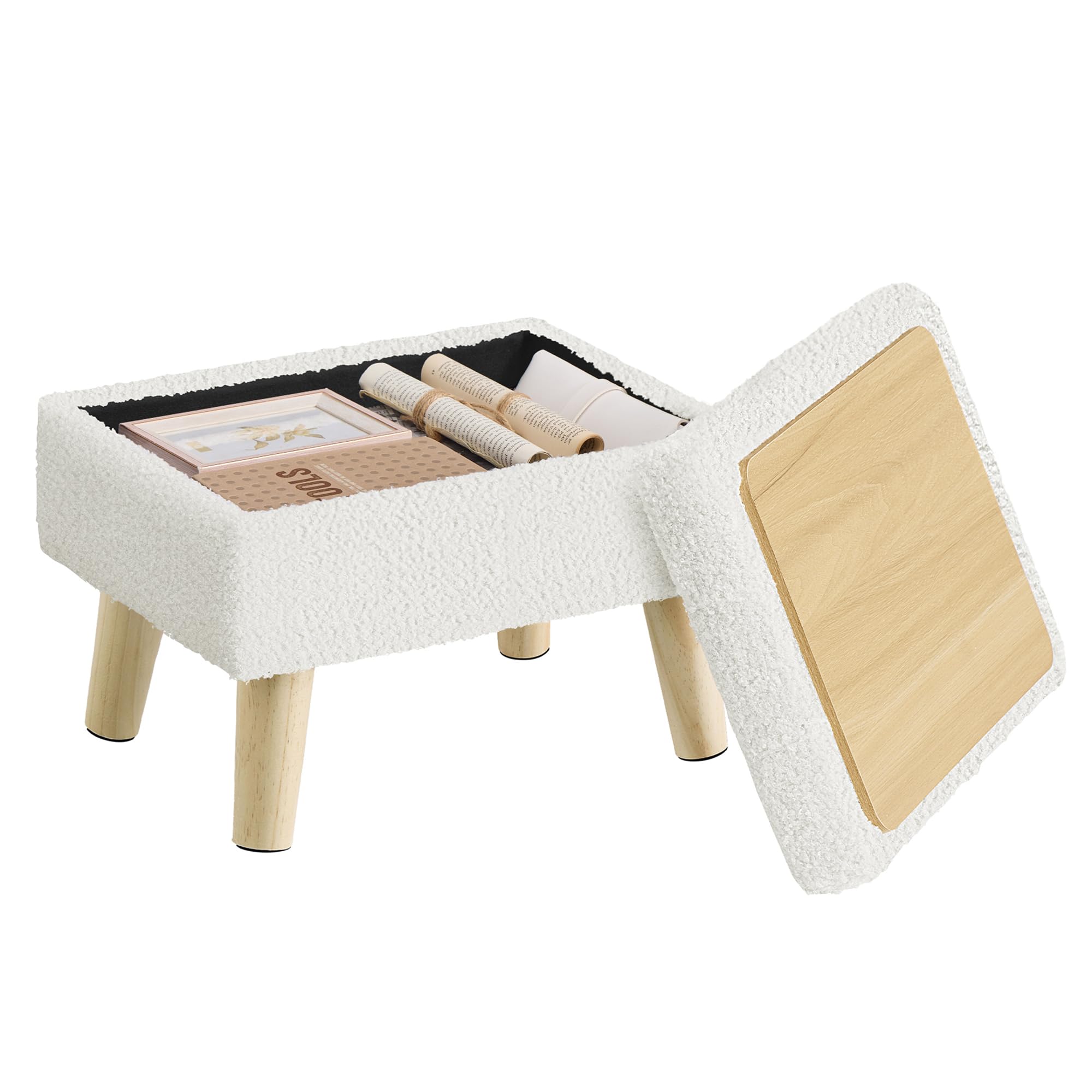 SONGMICS Storage Ottoman, Foot Stool, Ottoman with Padded Seat, Foot Rest with Wood Legs, Small Table, for Hallway, Living Room, 30 x 40 x 29 cm, Teddy Fleece, Cream White LOM517WD02