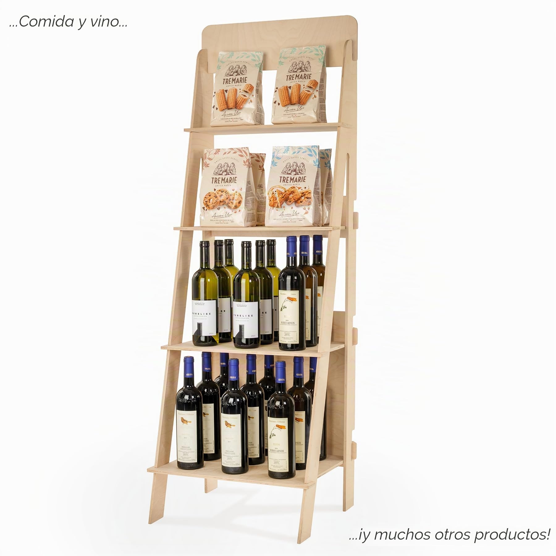 Expositor de Suelo, de Madera, Escalera, fácil Montaje enclavado, 4 estantes, Natural y sostenible, H. 144 cm