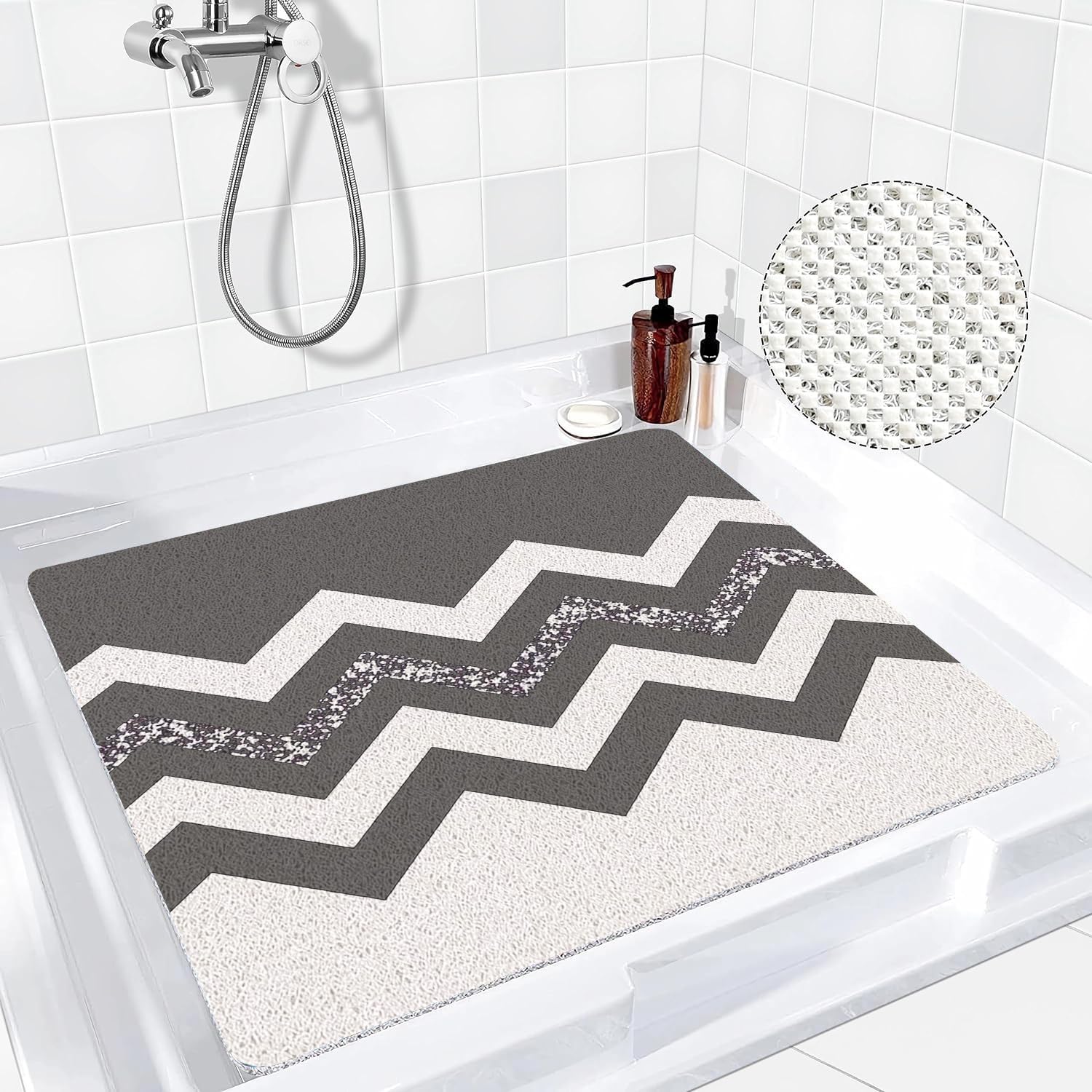 Mateju Alfombra Baño Ducha Cuadrada Antideslizante, Alfombra Baño Interior de Lufa Secado Rapido - Suave y Cómoda para Dentro Duchasalir de la Ducha (Ondas Grises,60 * 60cm)