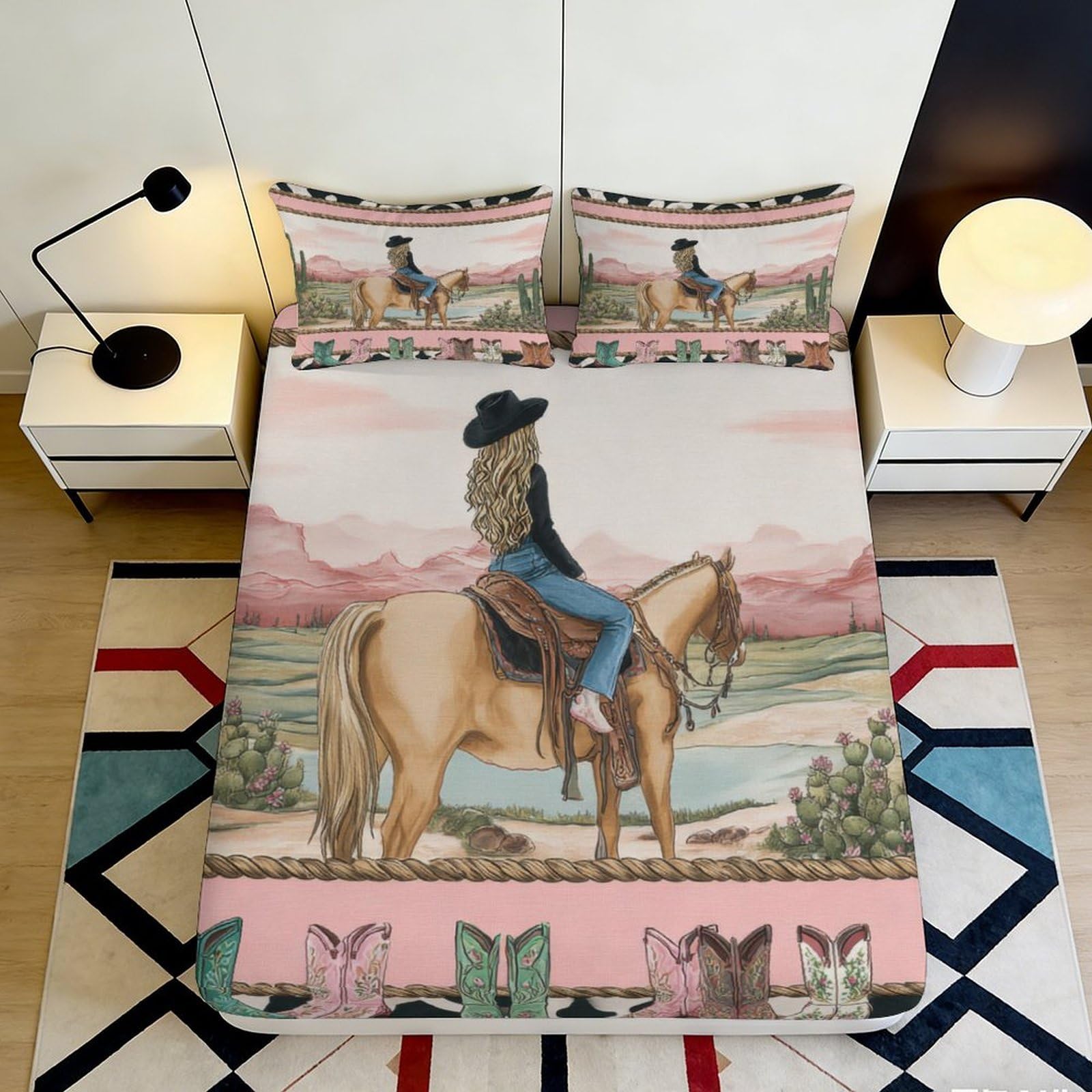 3D Printed Western Cowboy Fitted Sheet Microfiber Soft Breathable Desert Horse Bed Cover Bedroom Decor 90x200x25cm