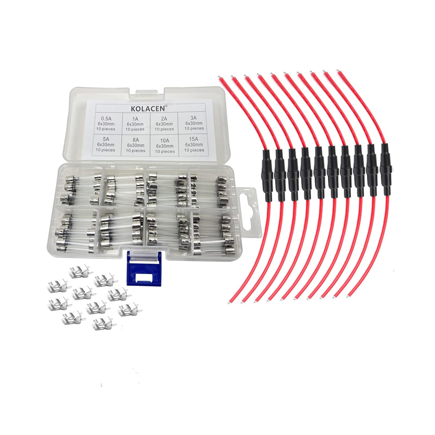 Automotive Car Inline Screw Type 6x30mm Fuse Holder With 16 Awg Wire, 80 Fast-Blow Glass Fuses (0.5-15Amp), and 10 Fuse Clips