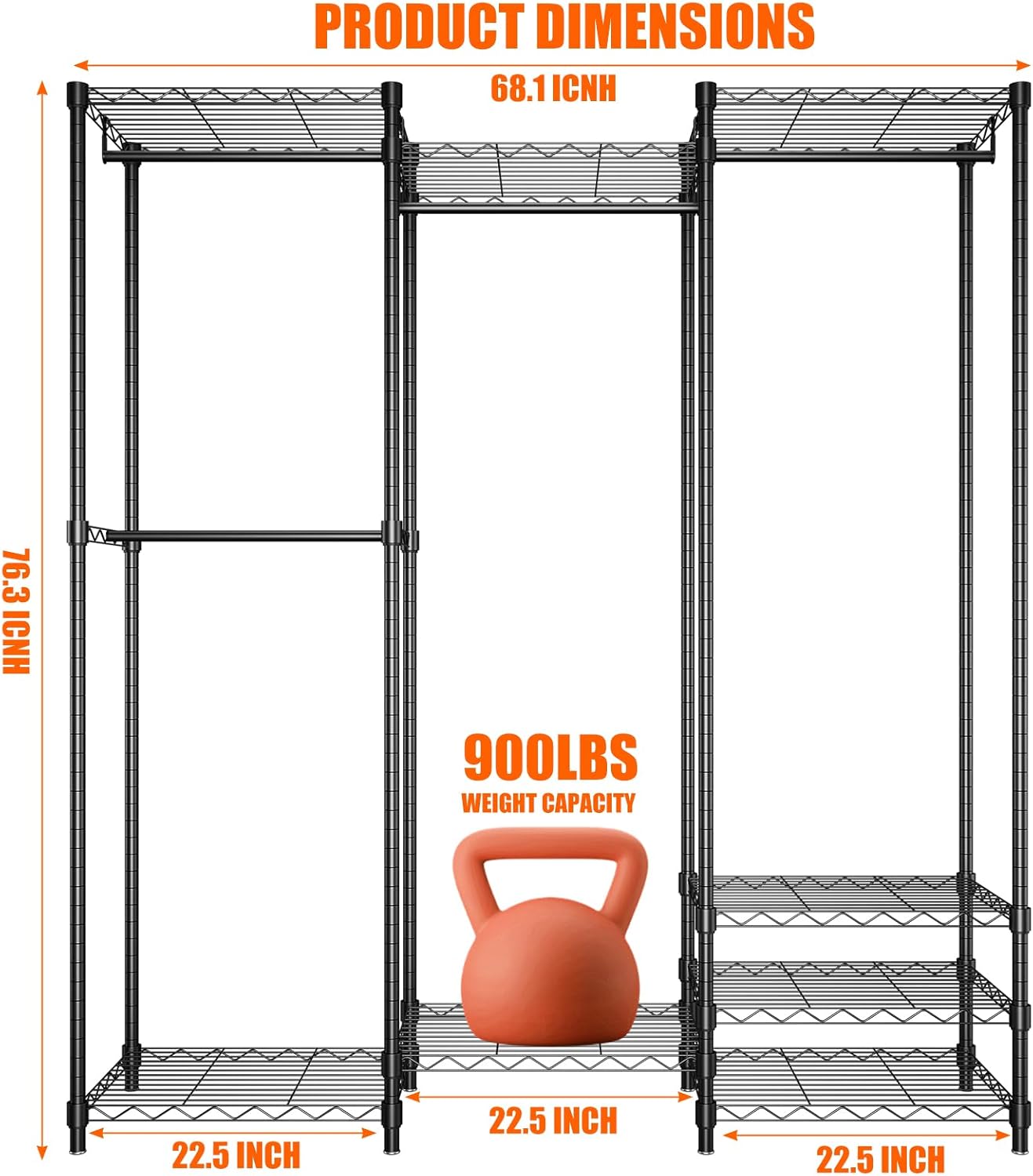 Portable Clothes Rack Max Load 900LBS | Heavy Duty Closet Wardrobe | 68.1" W x 14.6" D x 76.3" H | Freestanding Clothing Rack with 4 Hang Rods & 8 Shelves | Black