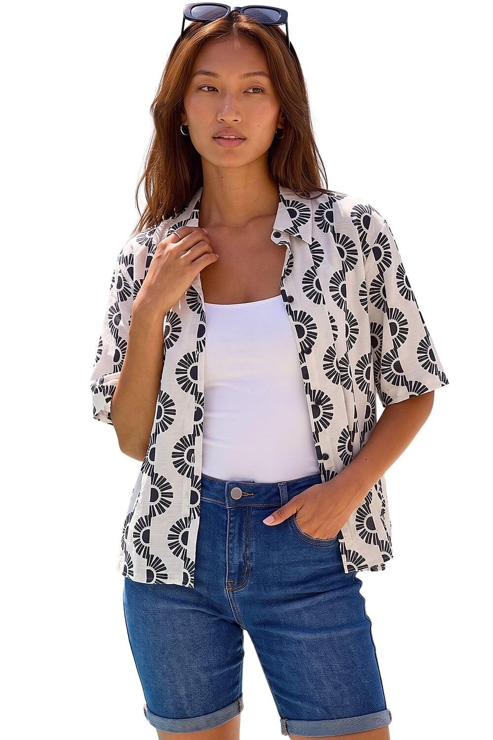 Roman Women's Black Geometric Print Button Shirt Size 16