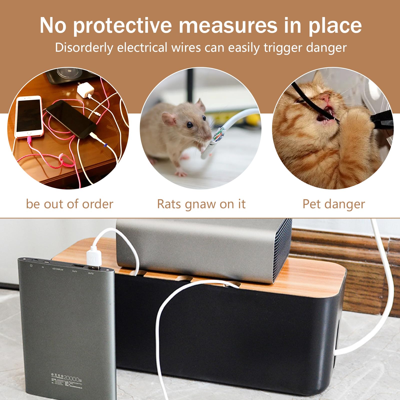 Caja organizadora de cables grande negra con tapa de madera para guardar accesorios y regletas de enchufe para televisores y escritorios en casa y oficina